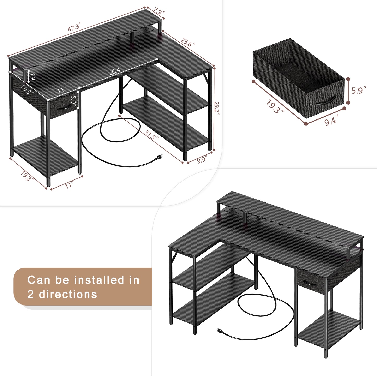 SUPERJARE L Shaped Gaming Desk with LED Lights & Power Outlets, Reversible Computer Desk with Shelves & Drawer, Corner Desk Home Office Desk, Carbon Fiber Black