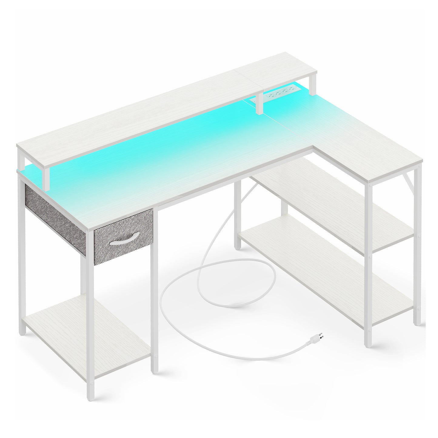 SUPERJARE L Shaped Gaming Desk with LED Lights & Power Outlets, Reversible Computer Desk with Shelves & Drawer, Corner Desk Home Office Desk, White