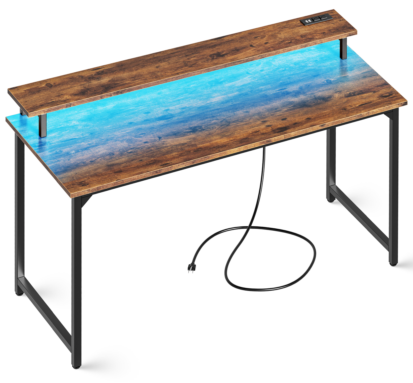 SUPERJARE 55 inch Computer Desk with LED Lights & Power Outlets, Gaming Desk with Monitor Shelf, Small Office Desk for Home & Office, Rustic Brown