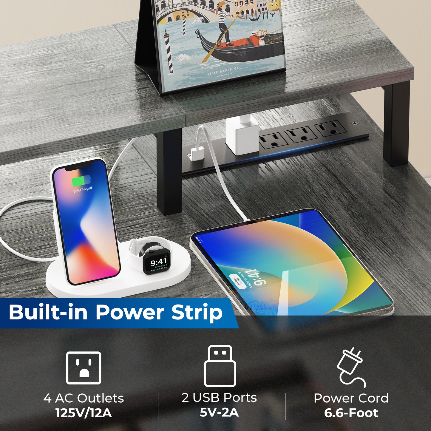 SUPERJARE 53 Inch L Shaped Desk with LED Lights & Power Outlets, Reversible Computer Desk with Shelves & Drawer, Corner Desk Home Office Desk, Grey