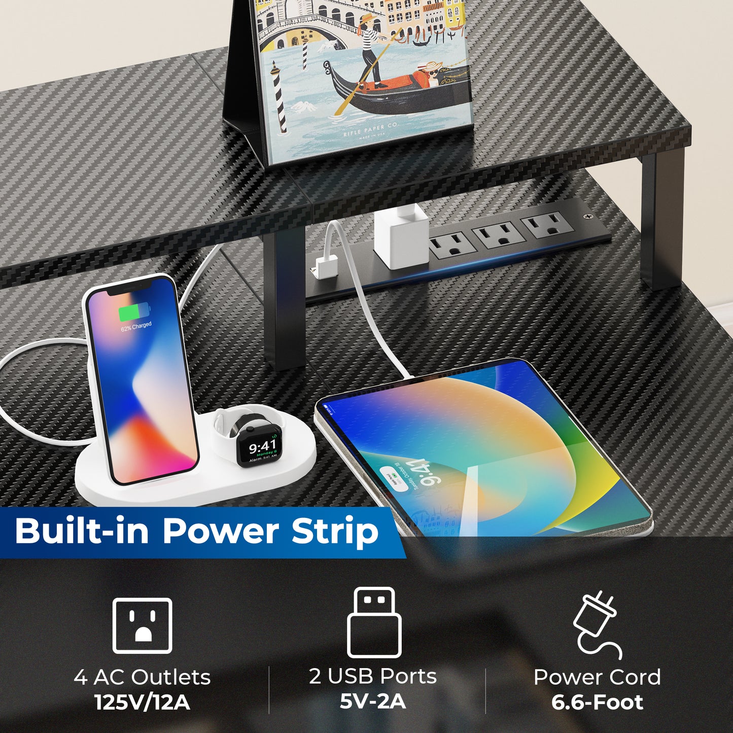 SUPERJARE 53 Inch L Shaped Desk with LED Lights & Power Outlets, Reversible Computer Desk with Shelves & Drawer, Corner Desk Home Office Desk, Carbon Fiber Black