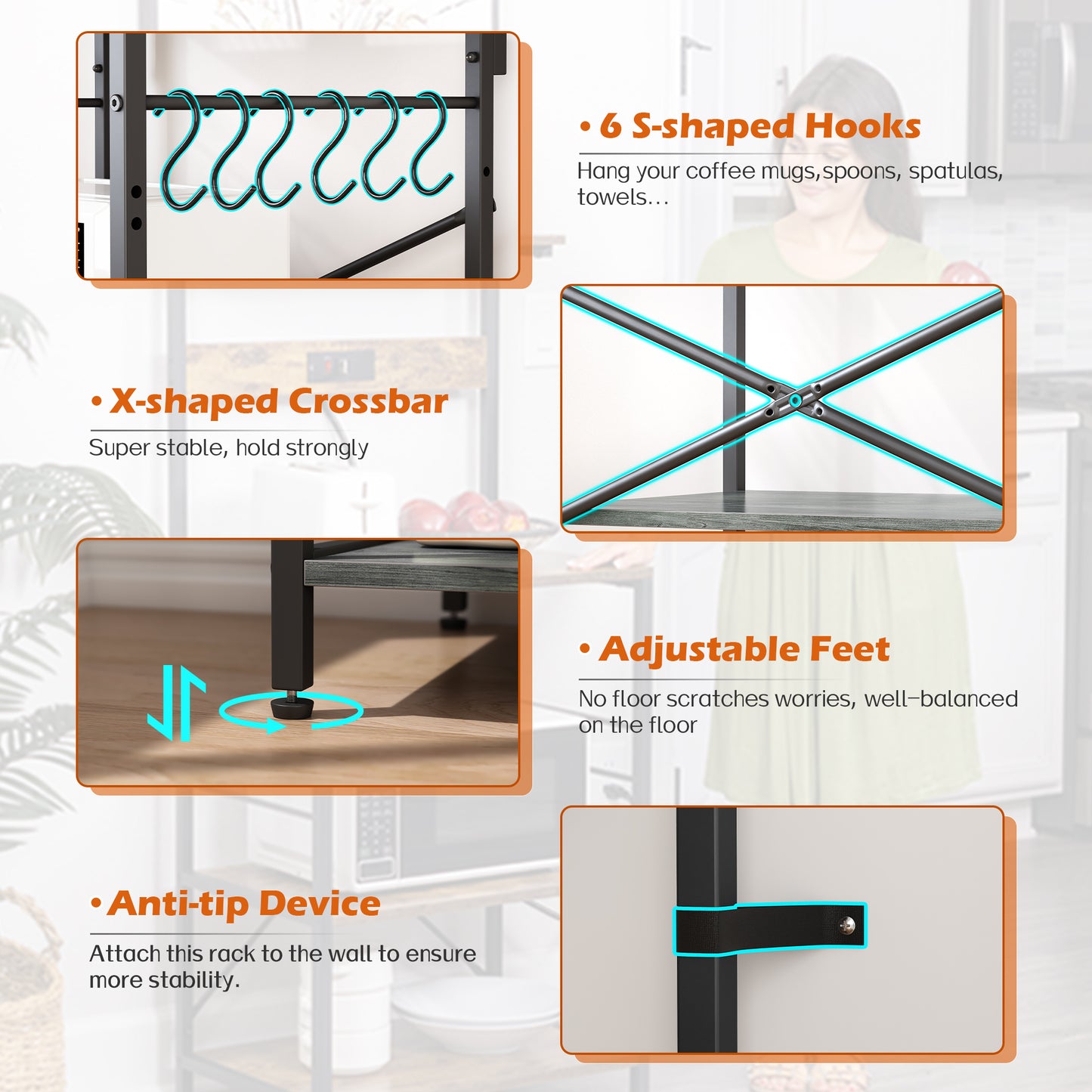 SUPERJARE Kitchen Bakers Rack with Power Outlet, Coffee Bar Table 4 Tiers, 6 S-shaped Hooks, Kitchen Storage Shelf Rack, Gray