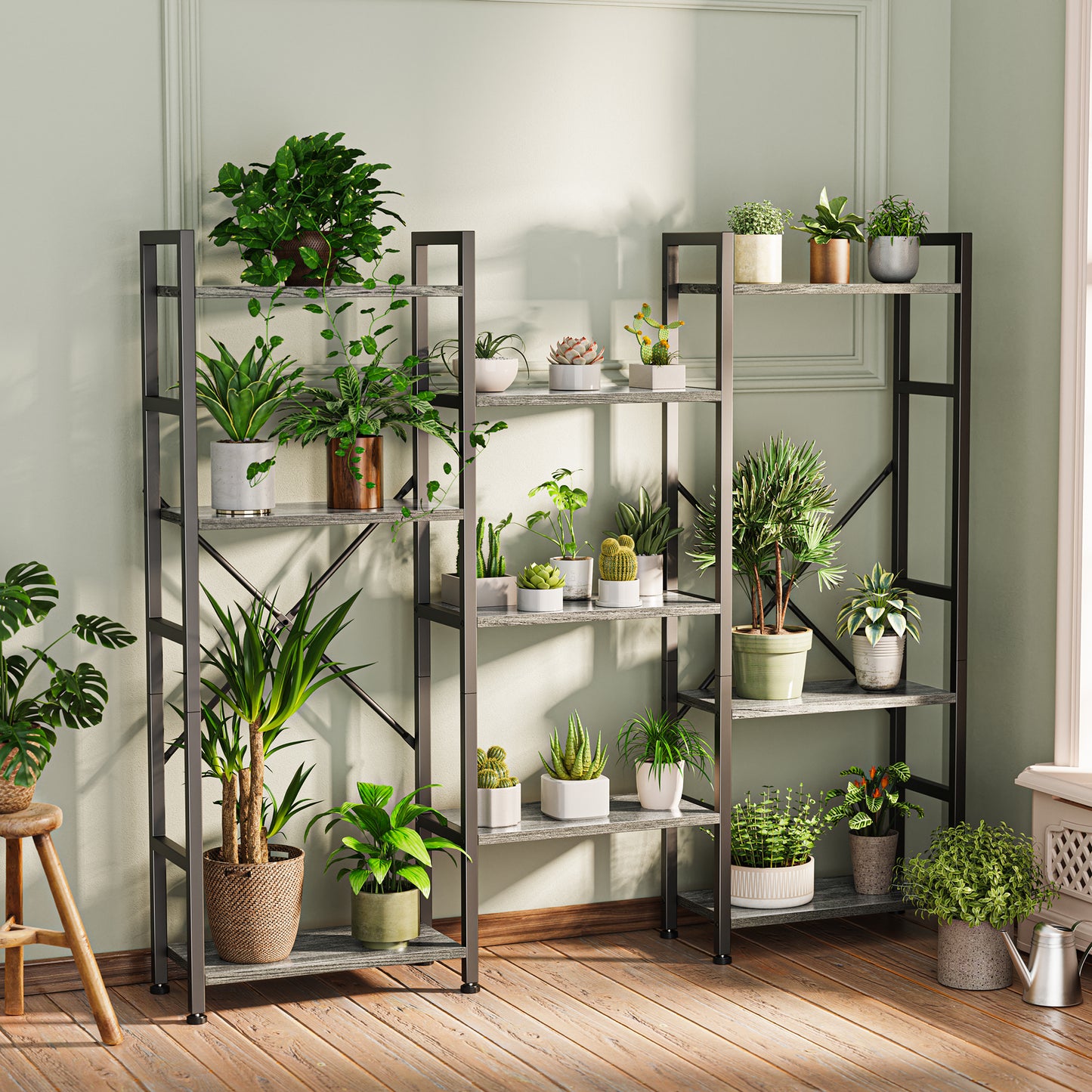SUPERJARE Triple 4 Tier Bookshelf, Bookcase with 11 Open Display Shelves, Grey