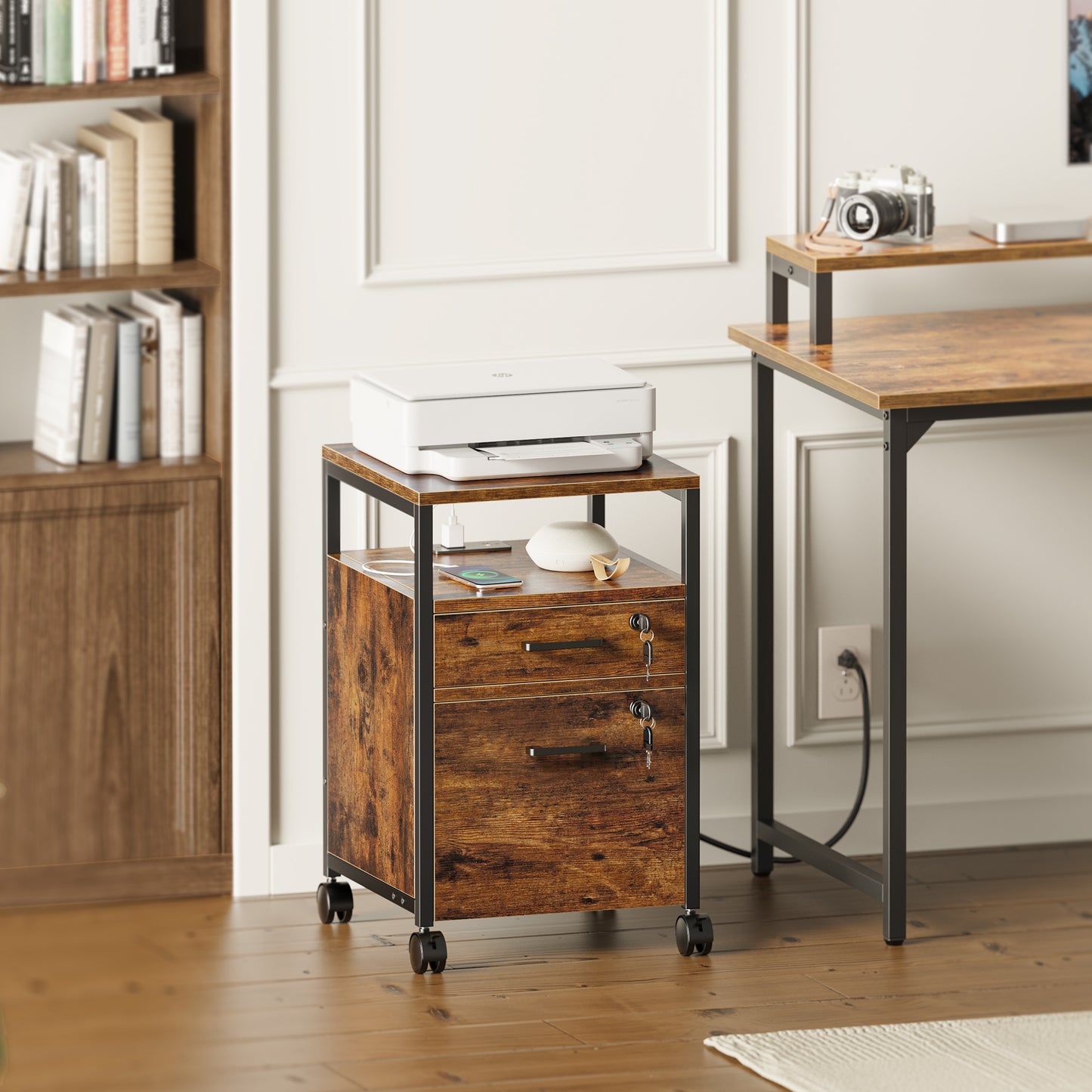 SUPERJARE File Cabinet with Lock & Charging Station, 2 Drawers Rolling Filing Cabinet, Office File Cabinet with Wheels & Open Shelf, for Home Office, A4/Letter Size Files, Rustic Brown