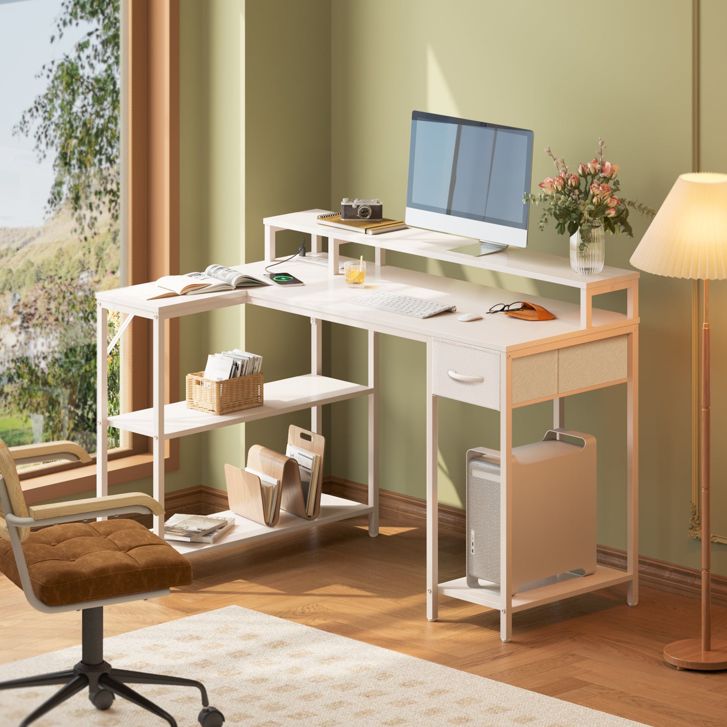 SUPERJARE L Shaped Gaming Desk with LED Lights & Power Outlets, Reversible Computer Desk with Shelves & Drawer, Corner Desk Home Office Desk, All White