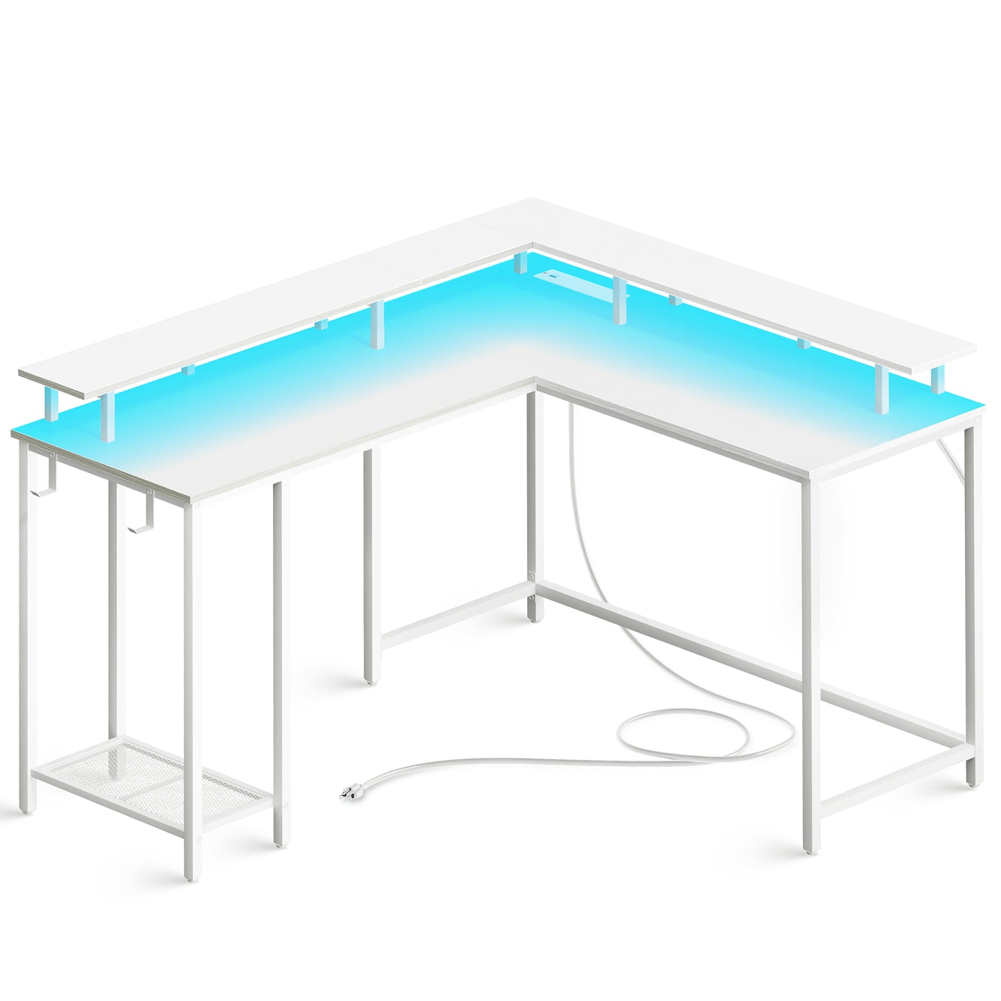 SUPERJARE L Shaped Computer Desk with Power Outlets & LED Lights, Gaming Desk with Monitor Stand & Storage Shelf, Hooks, White