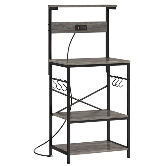 SUPERJARE Kitchen Bakers Rack with Power Outlet, Coffee Bar Table 4 Tiers, Kitchen Microwave Stand with 6 S-Shaped Hooks, Kitchen Storage Shelf Rack for Spices, Pots and Pans - Charcoal Gray