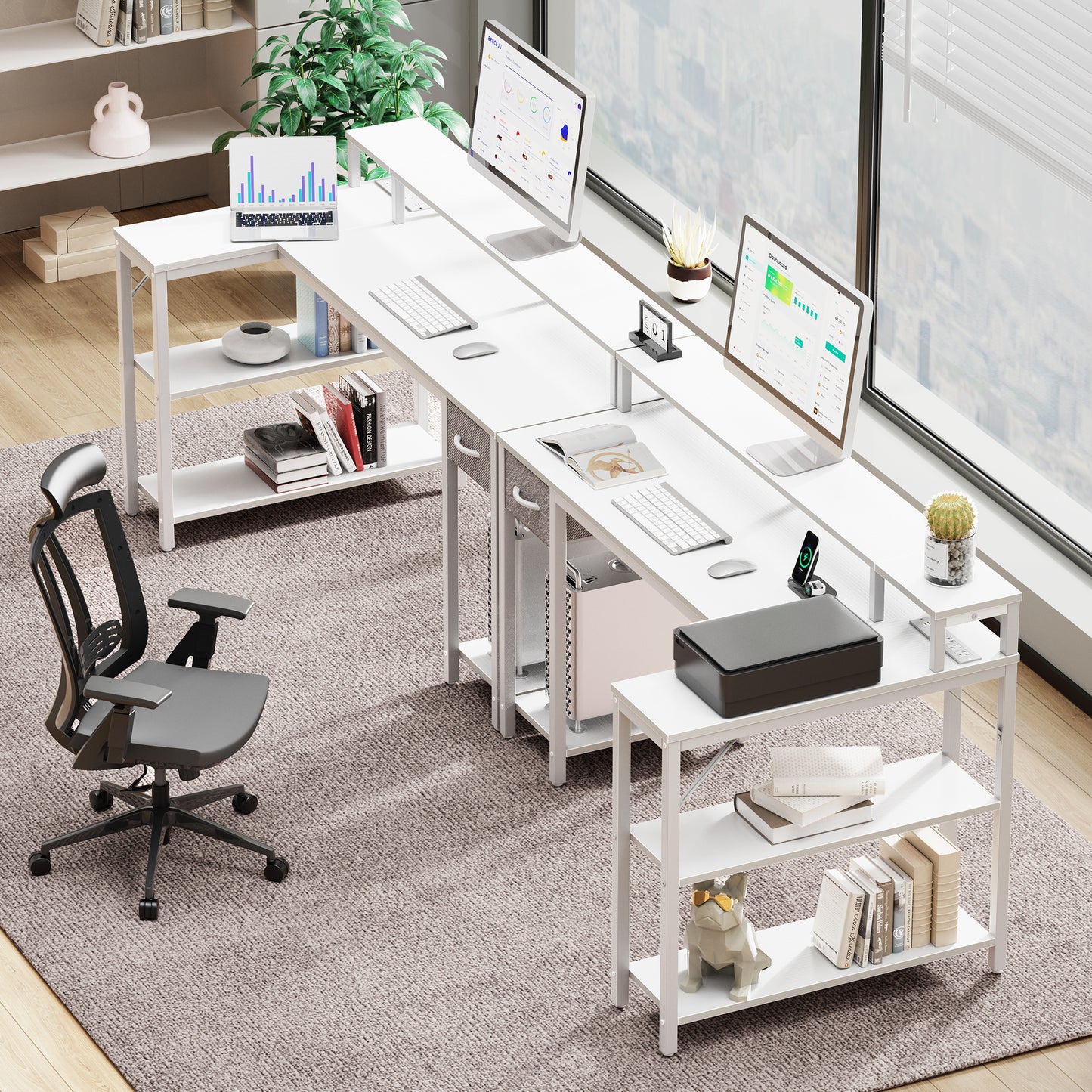 SUPERJARE 53 Inch L Shaped Desk with LED Lights & Power Outlets, Reversible Computer Desk with Shelves & Drawer, Corner Desk Home Office Desk, White