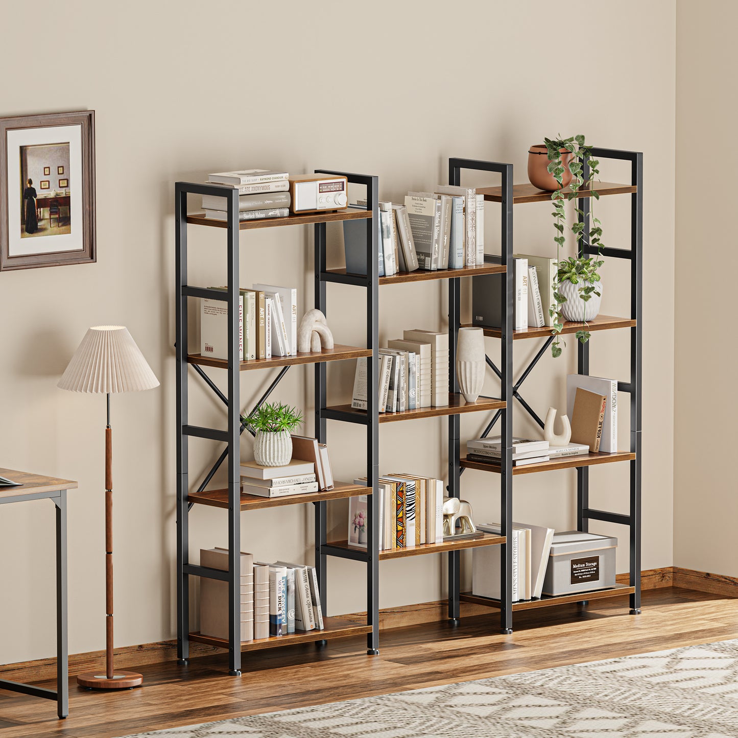 SUPERJARE Triple 4 Tier Bookshelf, Bookcase with 11 Open Display Shelves, Wide Book Shelf Book Case for Home & Office, Rustic Brown
