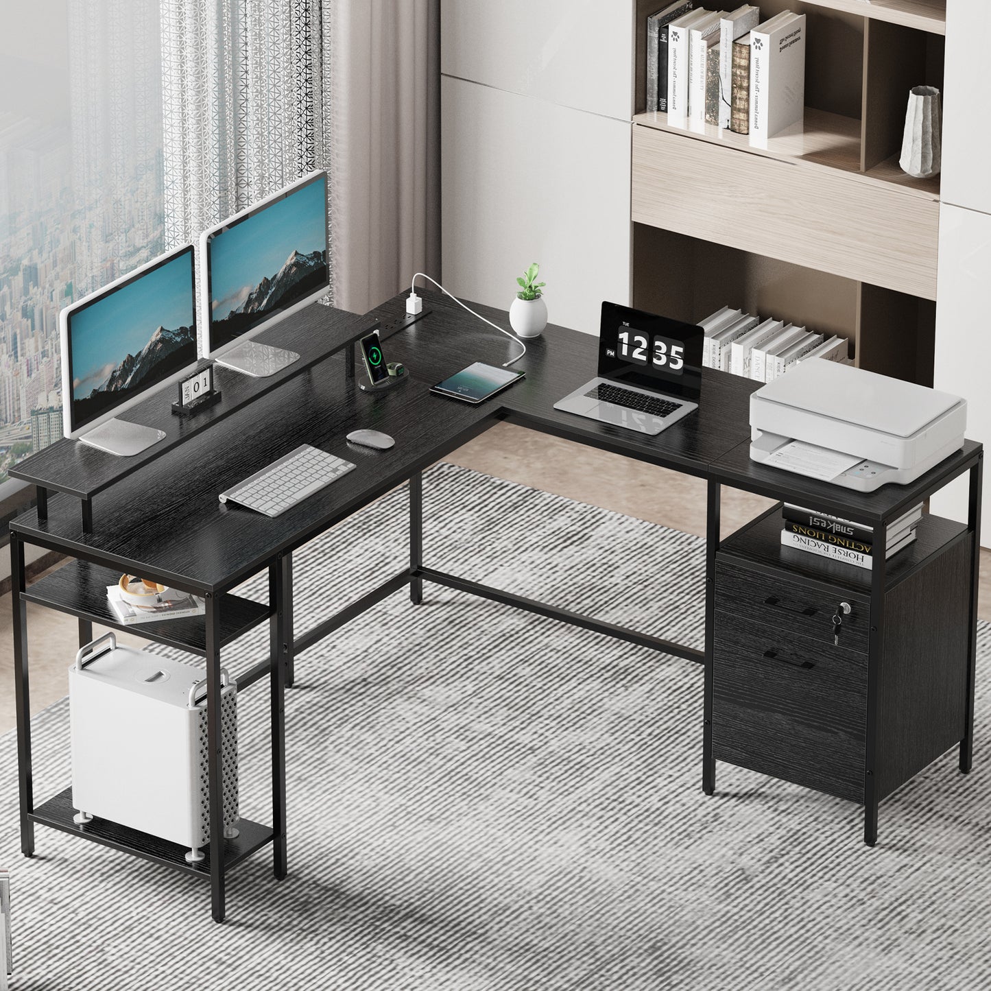 SUPERJARE Reversible Computer Desk with Power Outlets & File Cabinet, L Shaped Desk, Black, 7936BC