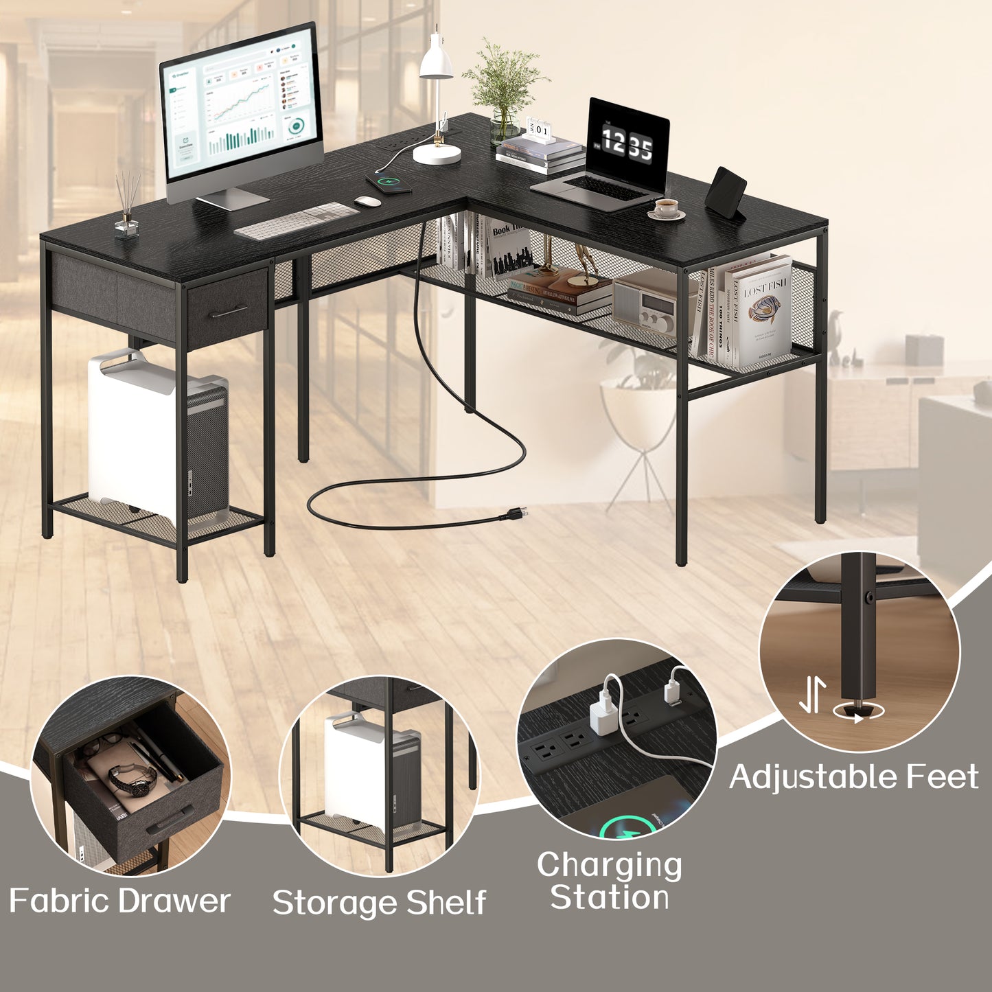 SUPERJARE L Shaped Desk with Power Outlets, Computer Desk with Drawer, Reversible Corner Desk with Grid Storage Bookshelf, Home Office Desk, Black