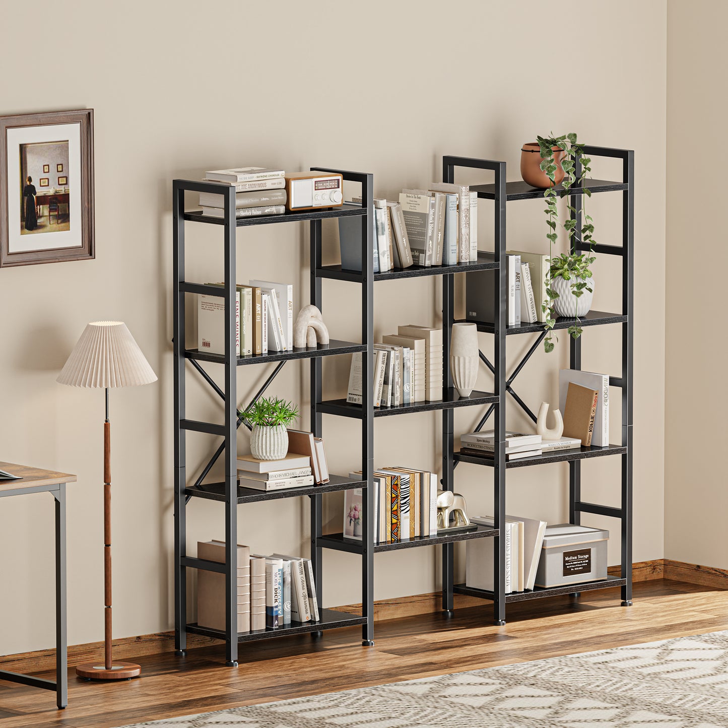 SUPERJARE Triple 4 Tier Bookshelf, Bookcase with 11 Open Display Shelves, Wide Book Shelf Book Case for Home & Office, Black