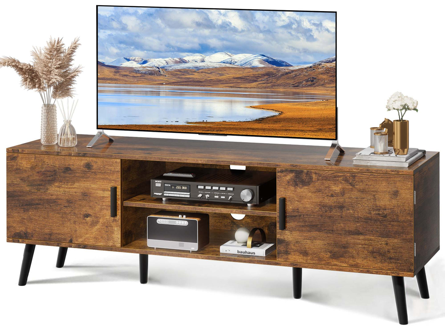 SUPERJARE TV Stand for 55 Inch TV, Entertainment Center with Adjustable Shelf, 2 Cabinets, TV Console Table, Media Console, Solid Wood Feet, Cord Holes, Rustic Brown