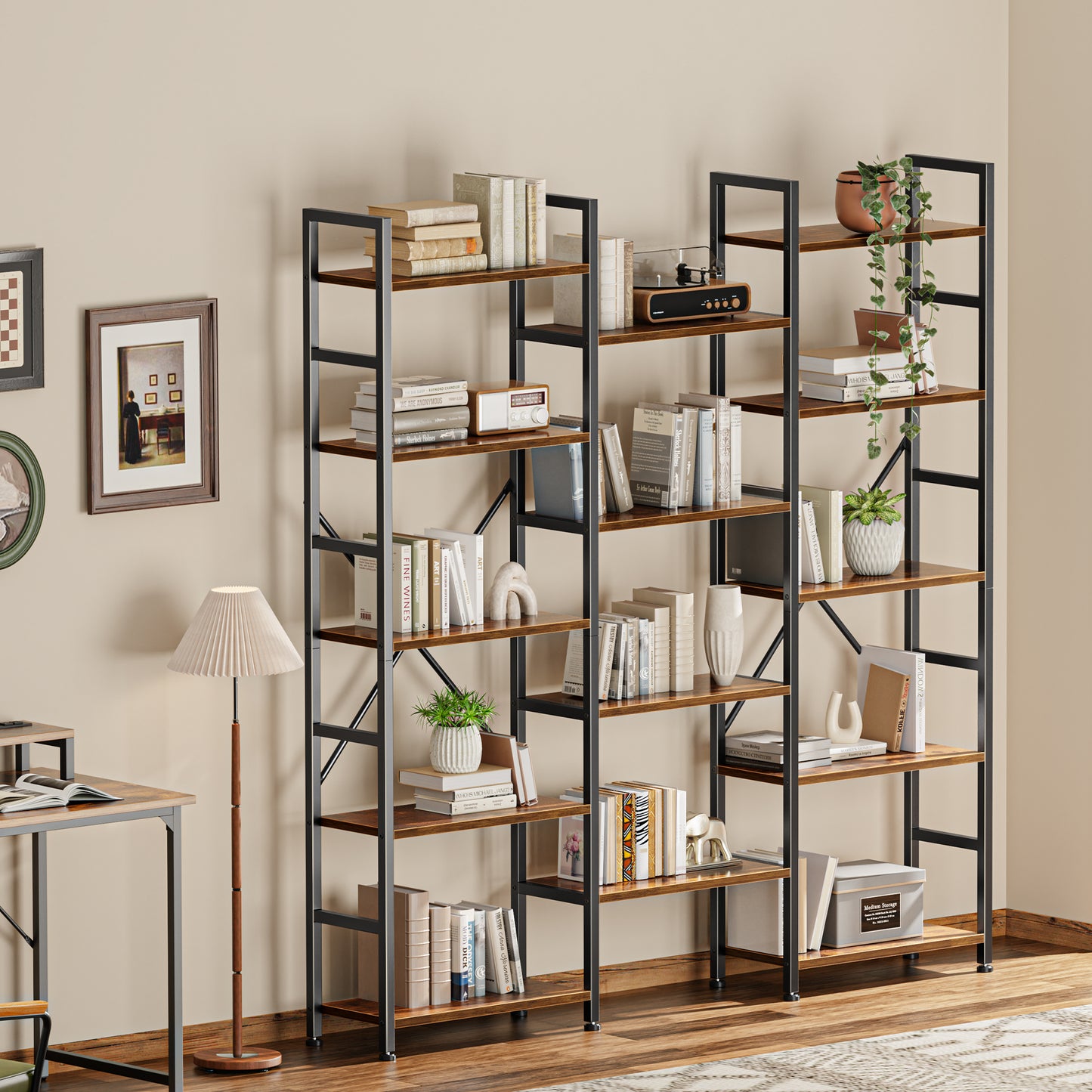 SUPERJARE Triple 5 Tier Bookshelf, Bookcase with 14 Open Display Shelves, Wide Book Shelf Book Case for Home & Office, Rustic Brown