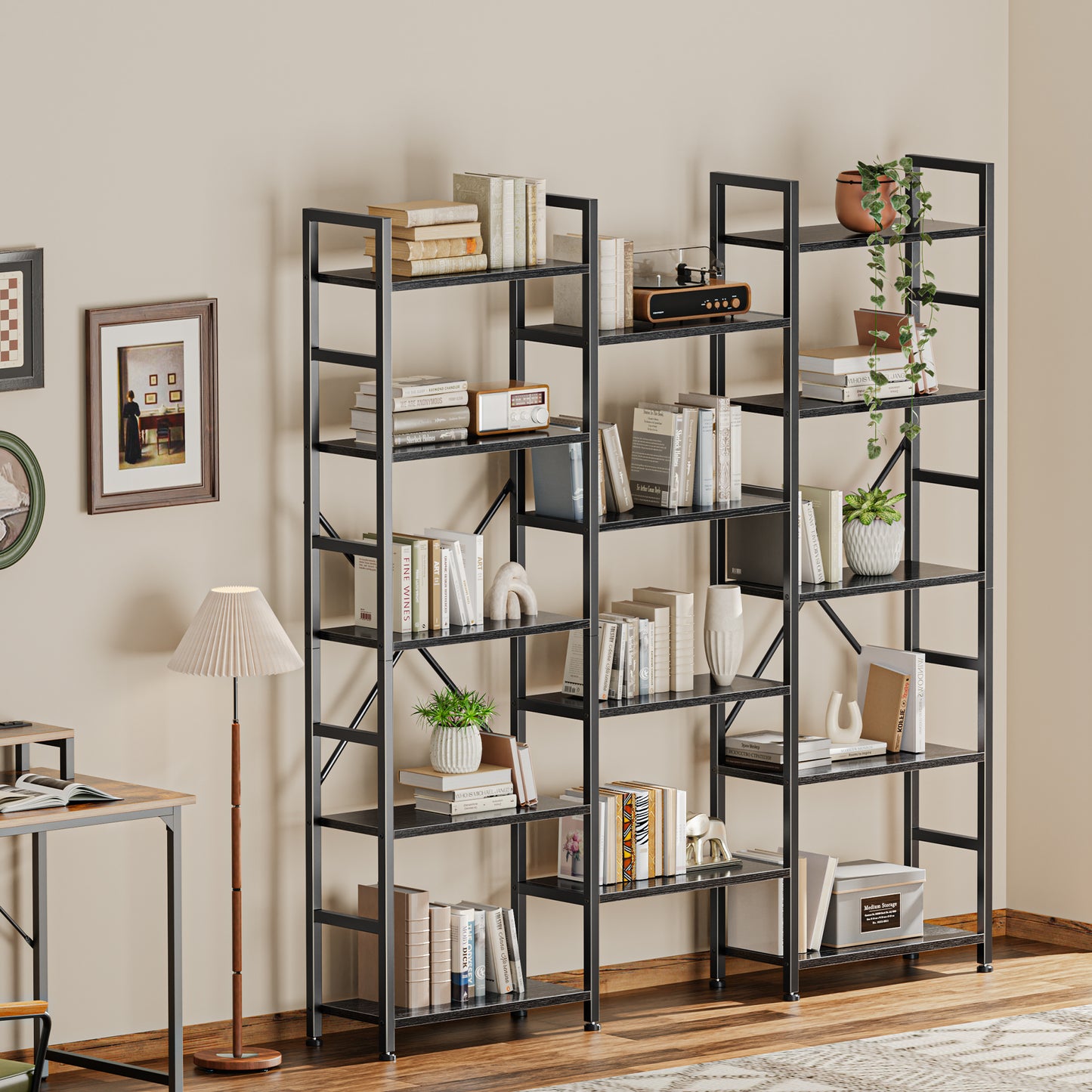 SUPERJARE Triple 5 Tier Bookshelf, Bookcase with 14 Open Display Shelves, Wide Book Shelf Book Case for Home & Office, Black