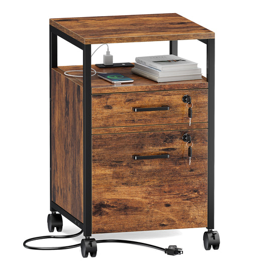 SUPERJARE File Cabinet with Lock & Charging Station, 2 Drawers Rolling Filing Cabinet, Office File Cabinet with Wheels & Open Shelf, for Home Office, A4/Letter Size Files, Rustic Brown