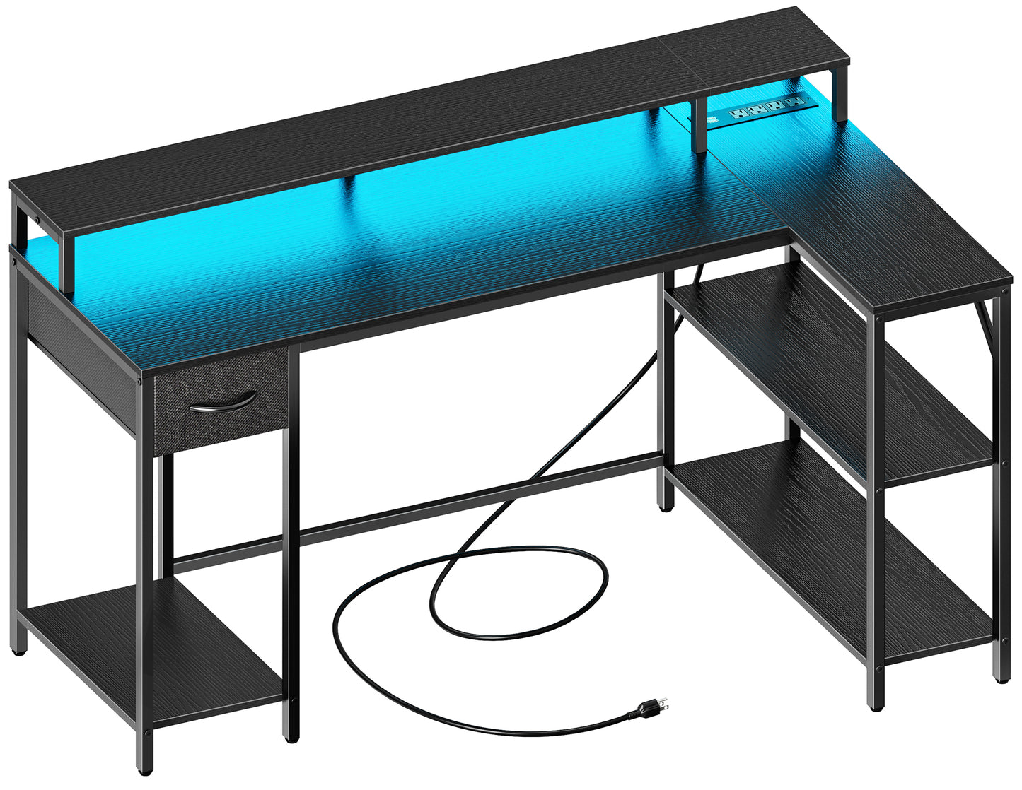 SUPERJARE 53 Inch L Shaped Desk with LED Lights & Power Outlets, Reversible Computer Desk with Shelves & Drawer, Corner Desk Home Office Desk, Black