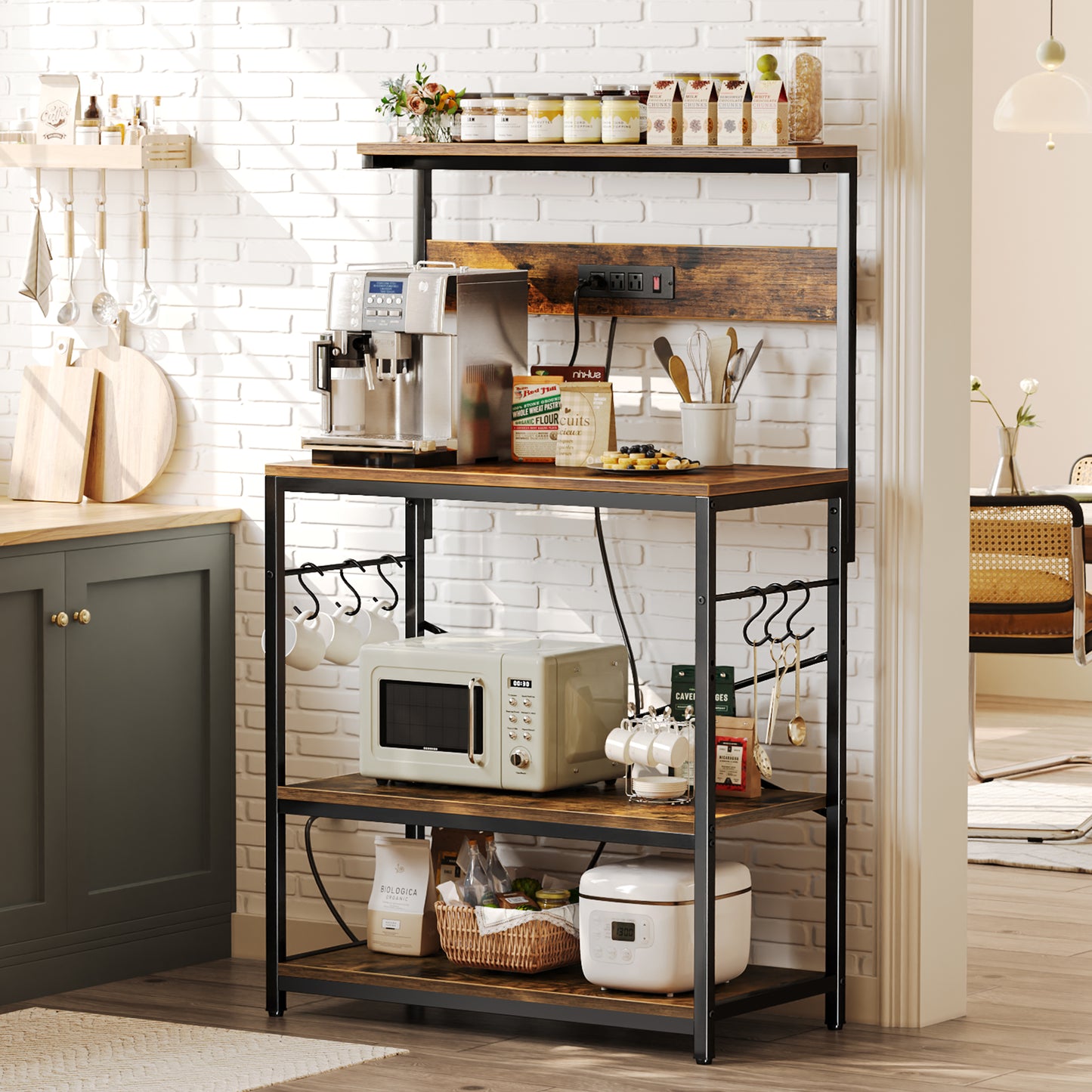 SUPERJARE Bakers Rack with Power Outlets, Microwave Stand, 31.5 X 16.5 Inch Larger Desktop, Kitchen Storage Rack with Adjustable Middle Shelf, 6 S-Shaped Hooks, Coffee Bar Stand, Rustic Brown