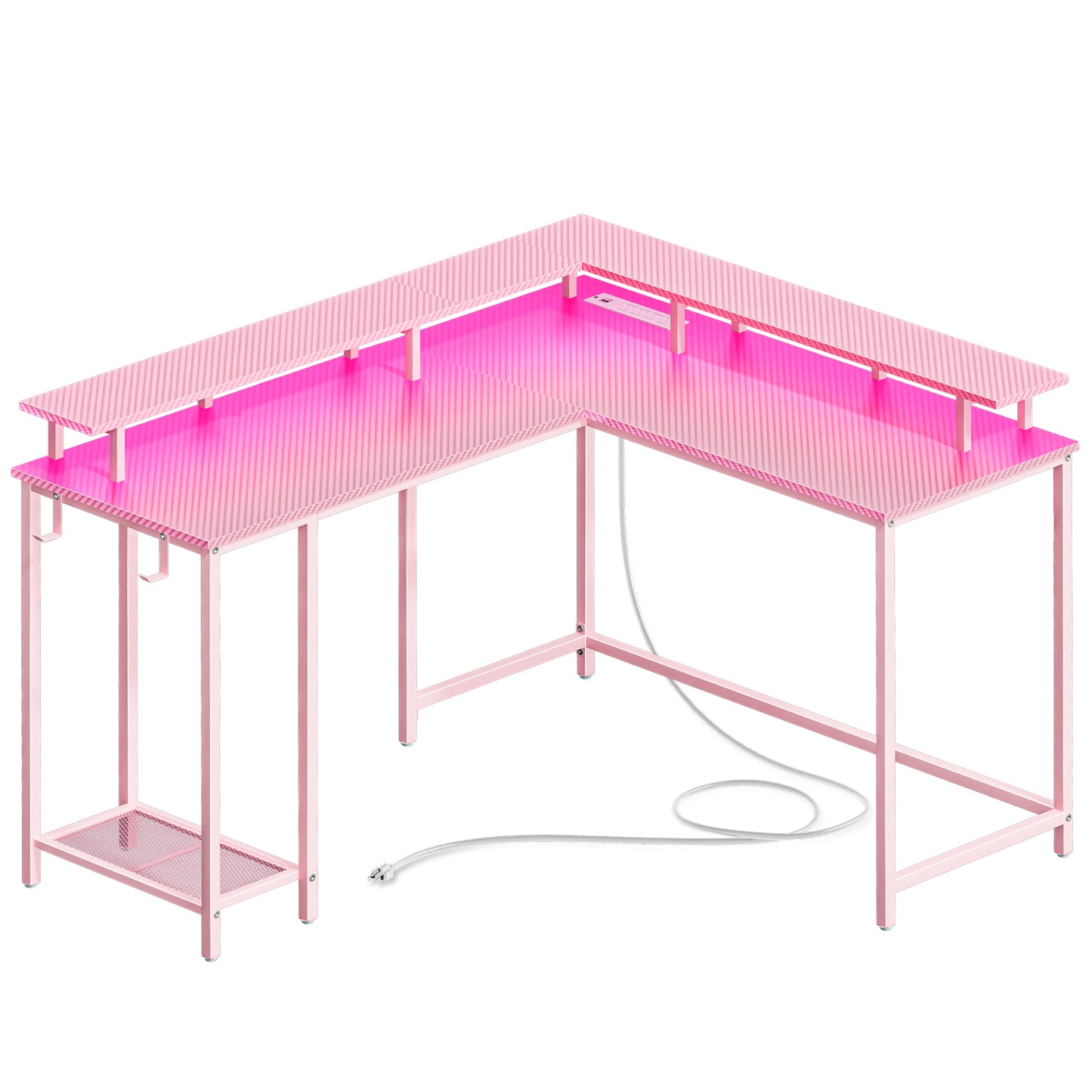 SUPERJARE L Shaped Gaming Desk with Power Outlets & LED Lights, Computer Desk with Monitor Stand & Storage Shelf, Home Office Desk Corner Desk with Hooks, Pink