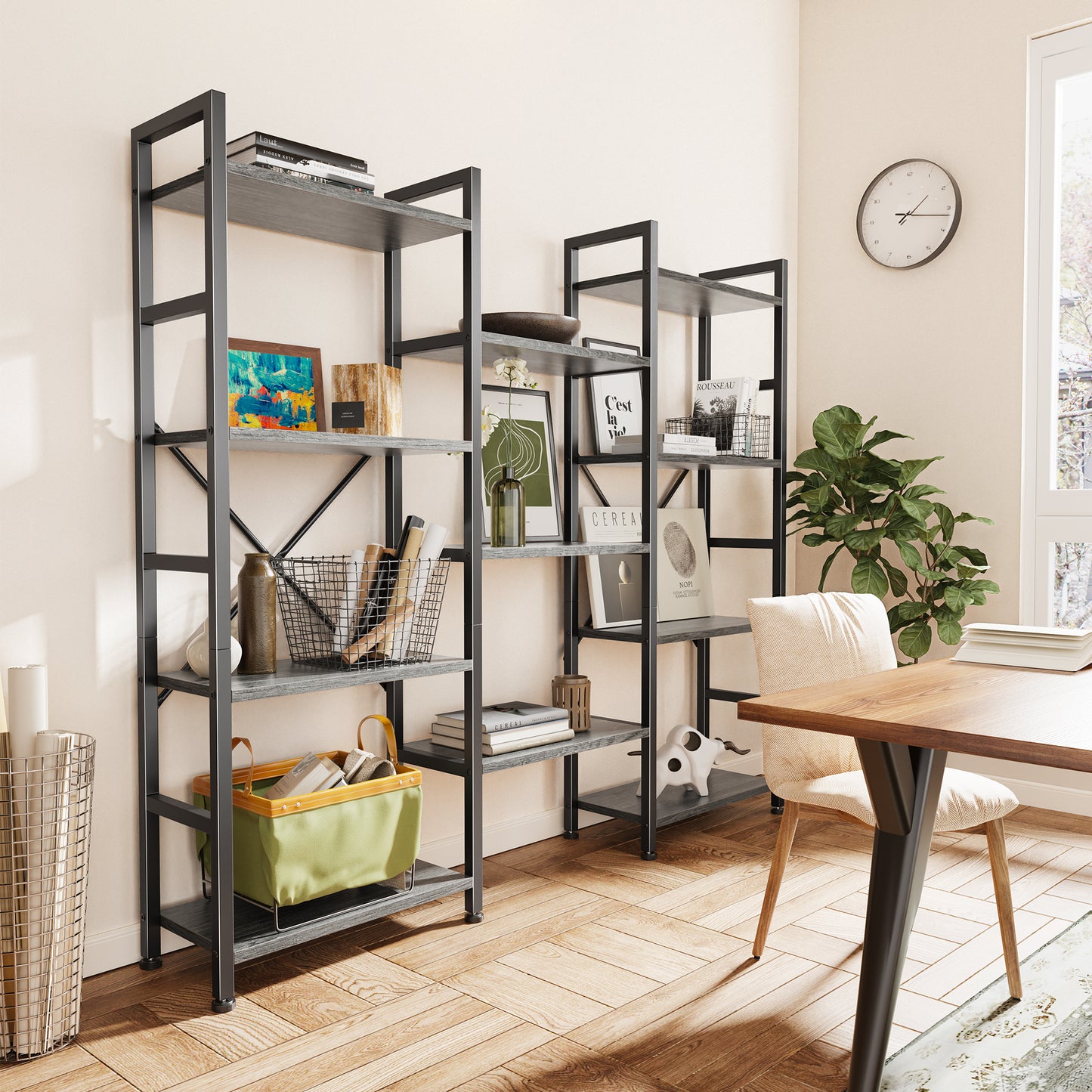 SUPERJARE Triple 4 Tier Bookshelf, Bookcase with 11 Open Display Shelves, Grey