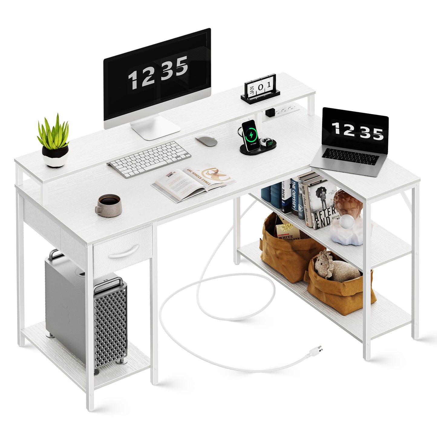 SUPERJARE L Shaped Gaming Desk with LED Lights & Power Outlets, Reversible Computer Desk with Shelves & Drawer, Corner Desk Home Office Desk, All White