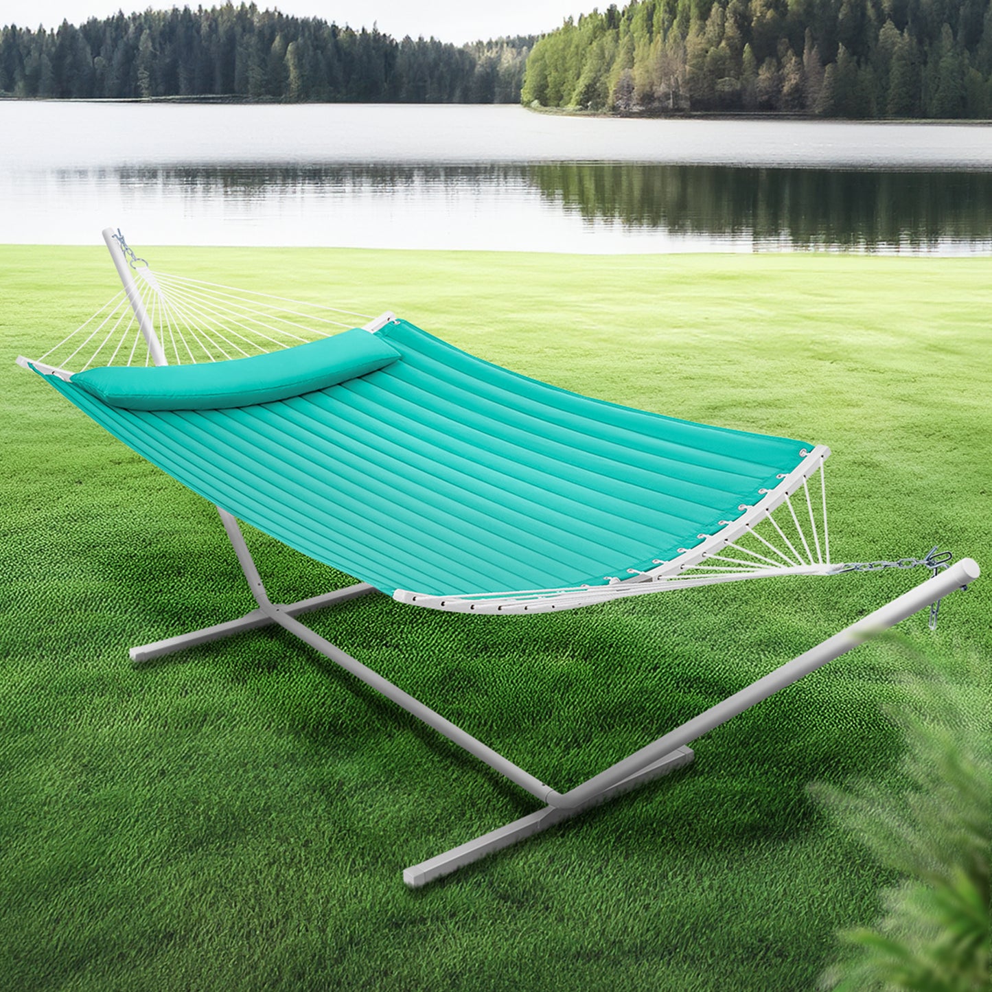 SUPERJARE Hammock with Stand, 2 Person Heavy Duty Hammock with Padded Cotton, Detachable Pillow & Strong Curved-Bar & Portable Carrying Bag, Perfect for Outdoor & Indoor, Turquoise