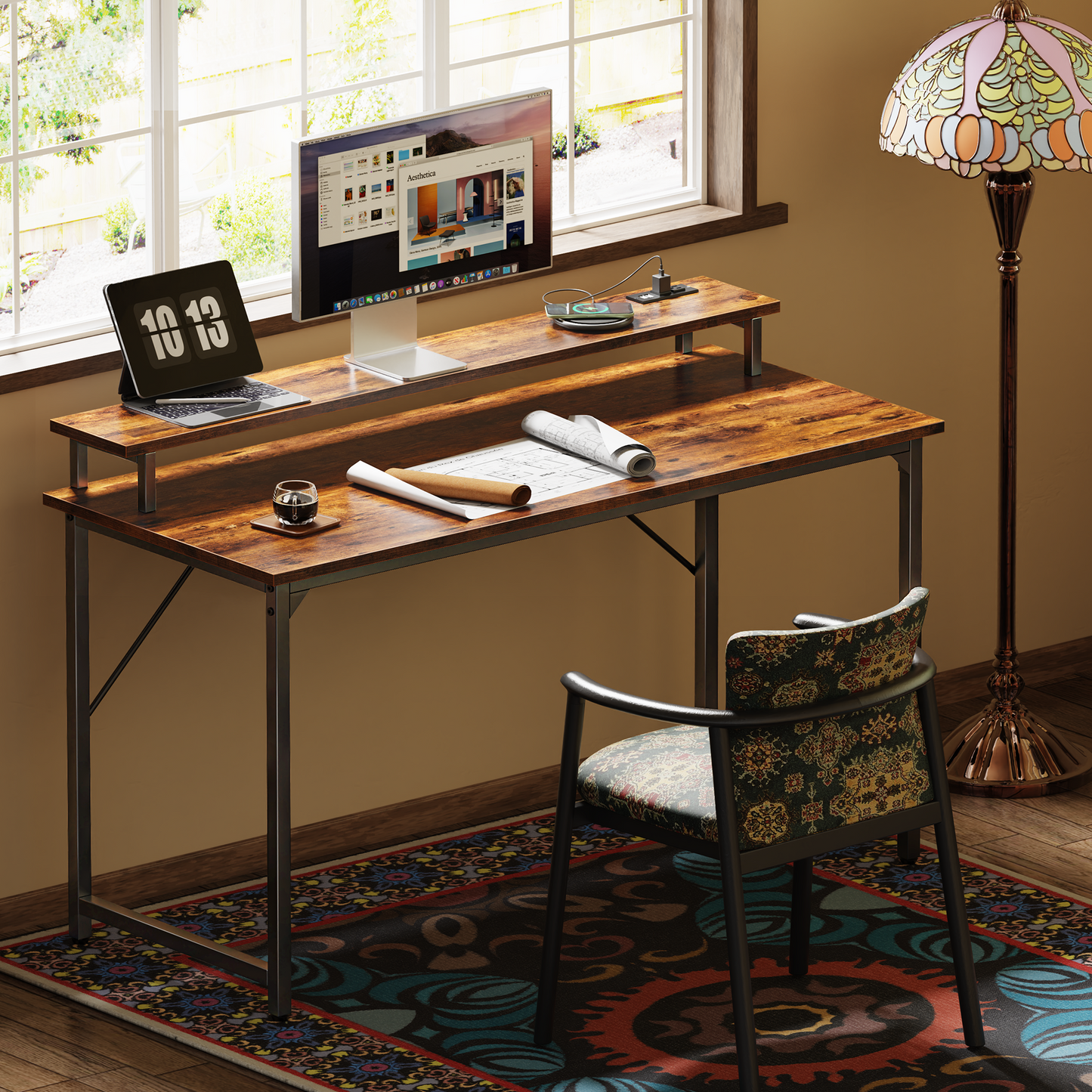 SUPERJARE 55 inch Computer Desk with LED Lights & Power Outlets, Gaming Desk with Monitor Shelf, Small Office Desk for Home & Office, Rustic Brown