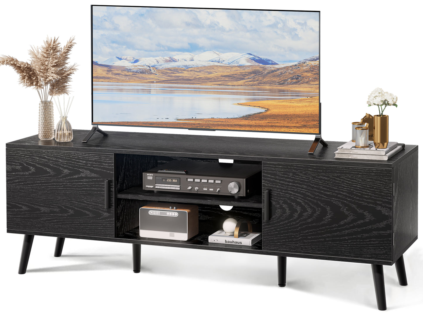 SUPERJARE TV Stand for 55 Inch TV, Entertainment Center with Adjustable Shelf, 2 Cabinets, TV Console Table, Media Console, Solid Wood Feet, Cord Holes, Black