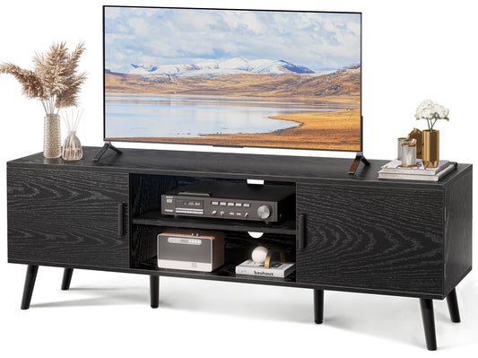 SUPERJARE TV Stand for 55 Inch TV, Entertainment Center with Adjustable Shelf, 2 Cabinets, TV Console Table, Media Console, Solid Wood Feet, Cord Holes, Black