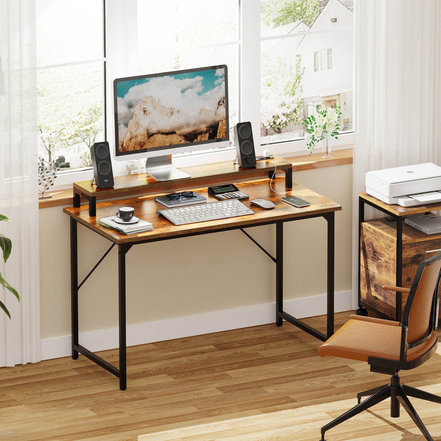 SUPERJARE 47 inch Computer Desk with LED Lights & Power Outlets, Rustic Brown, 7910FC