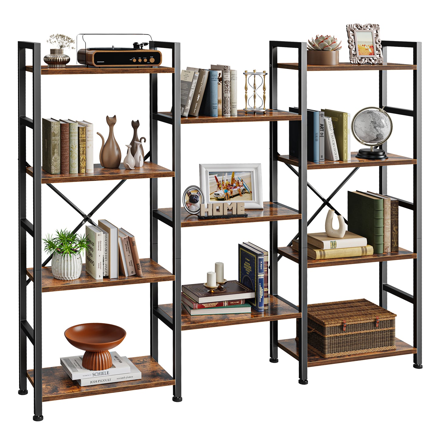 SUPERJARE Triple 4 Tier Bookshelf, Bookcase with 11 Open Display Shelves, Wide Book Shelf Book Case for Home & Office, Rustic Brown