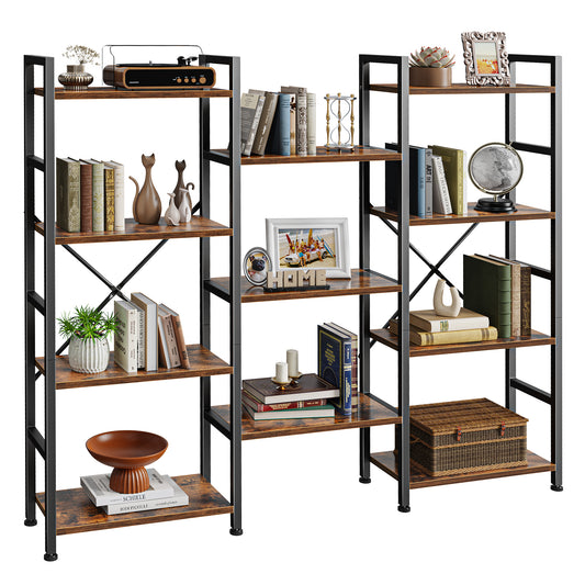 SUPERJARE Triple 4 Tier Bookshelf, Bookcase with 11 Open Display Shelves, Wide Book Shelf Book Case for Home & Office, Rustic Brown