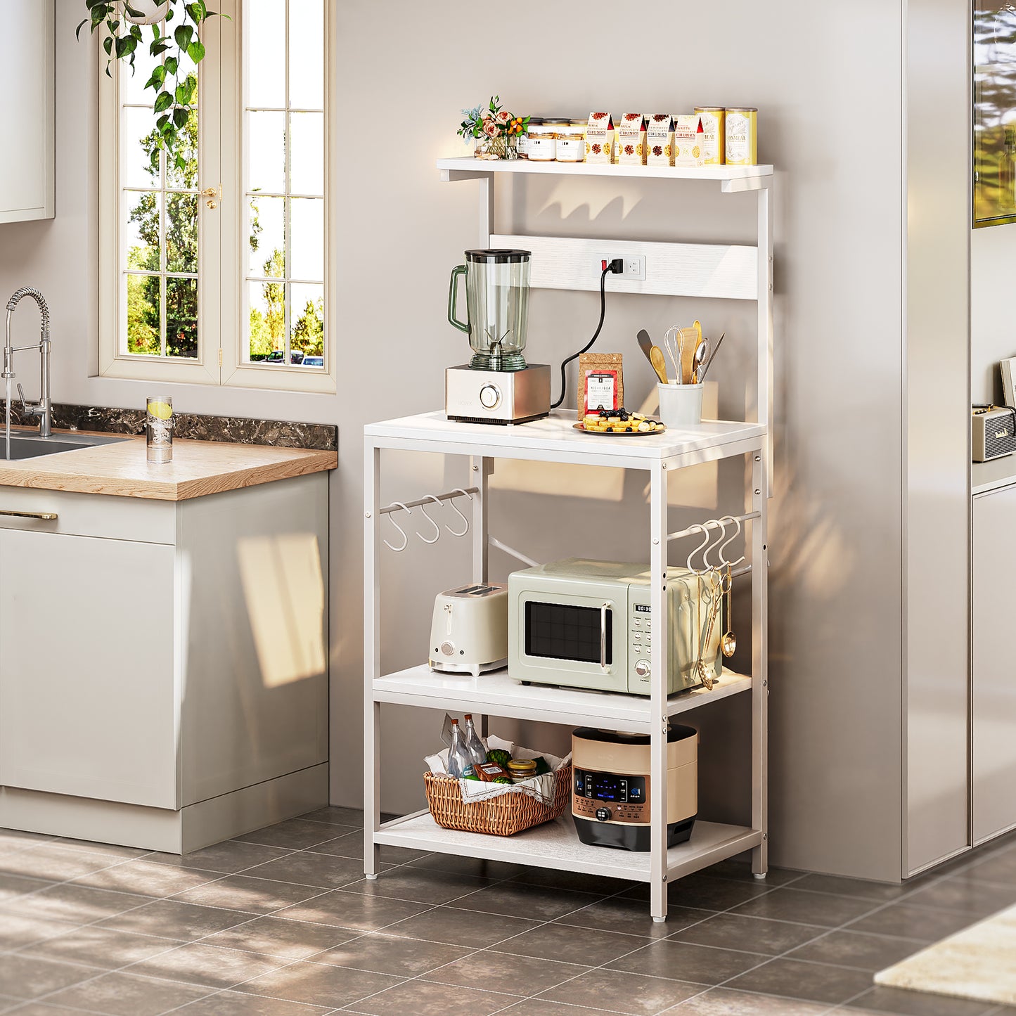 SUPERJARE Kitchen Bakers Rack with Power Outlet, Coffee Bar Table 4 Tiers, Kitchen Microwave Stand with 6 S-Shaped Hooks, Kitchen Storage Shelf Rack for Spices, Pots and Pans - White