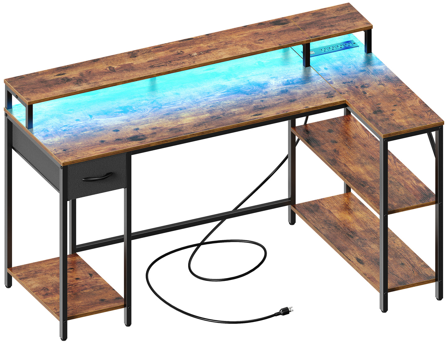 SUPERJARE 53 Inch L Shaped Desk with LED Lights & Power Outlets, Reversible Computer Desk with Shelves & Drawer, Corner Desk Home Office Desk, Rustic Brown