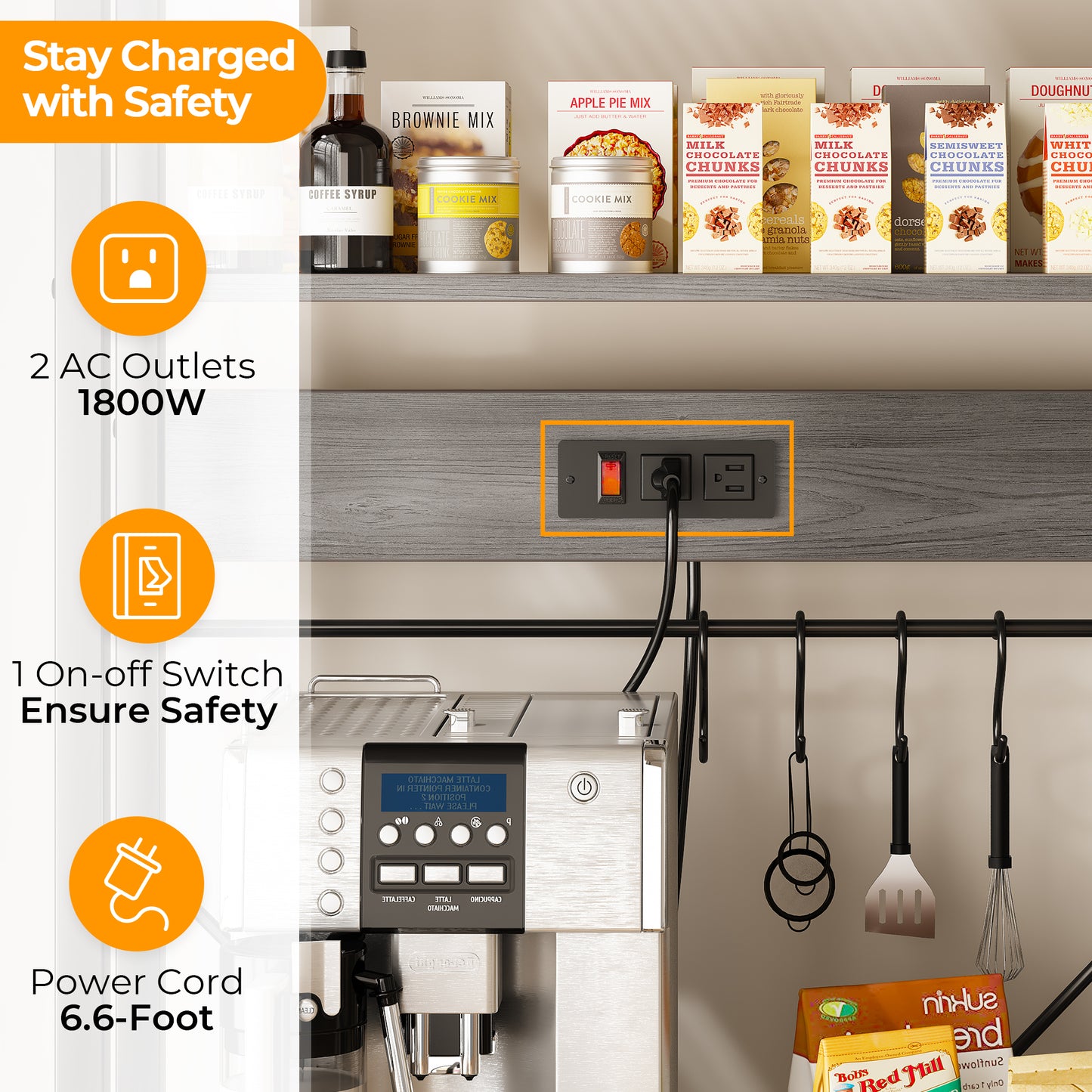 SUPERJARE Large Bakers Rack with Power Outlets, 6-Tier Microwave Stand, Coffee Bar with 12 S-Shaped Hooks, Kitchen Shelf with Wire Basket, 39.3 x 15.5 x 66.9 Inches, Charcoal Gray