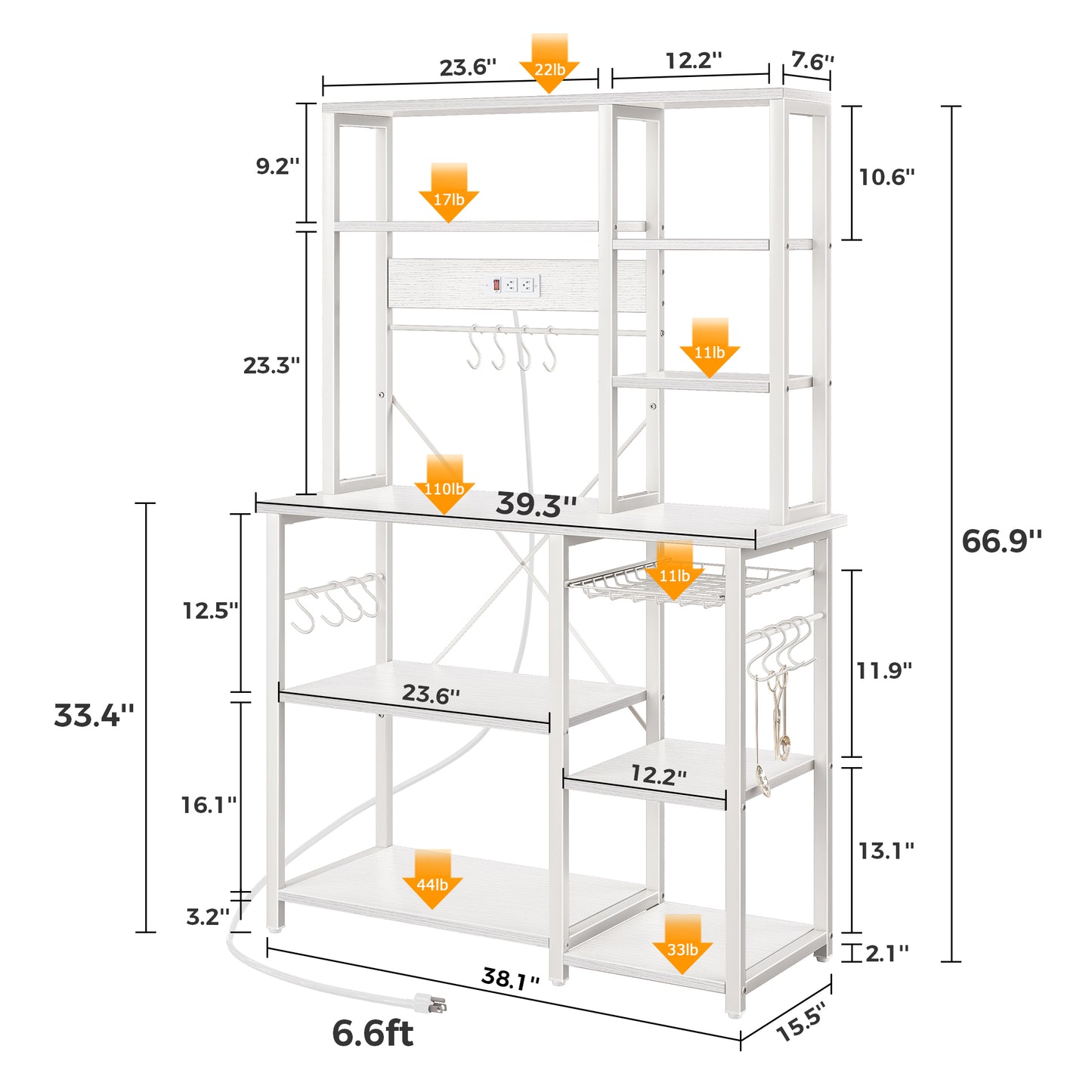 SUPERJARE Large Bakers Rack with Power Outlets, 6-Tier Microwave Stand, Coffee Bar with 12 S-Shaped Hooks, Kitchen Shelf with Wire Basket, 39.3 x 15.5 x 66.9 Inches, White
