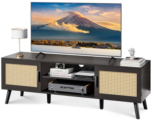 SUPERJARE 55 Inch TV Stand, Entertainment Center with Adjustable Shelf, Rattan TV Console with 2 Cabinets, Media Console, Solid Wood Feet, 4 Cord Holes, for Living Room, Black
