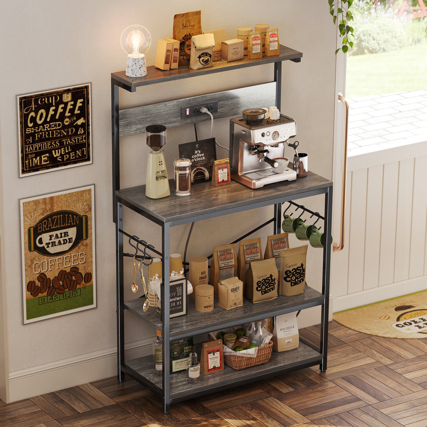 SUPERJARE Bakers Rack with Power Outlets, Microwave Stand, 31.5 X 16.5 Inch Larger Desktop, Kitchen Storage Rack with Adjustable Middle Shelf, 6 S-Shaped Hooks, Coffee Bar Stand, Grey