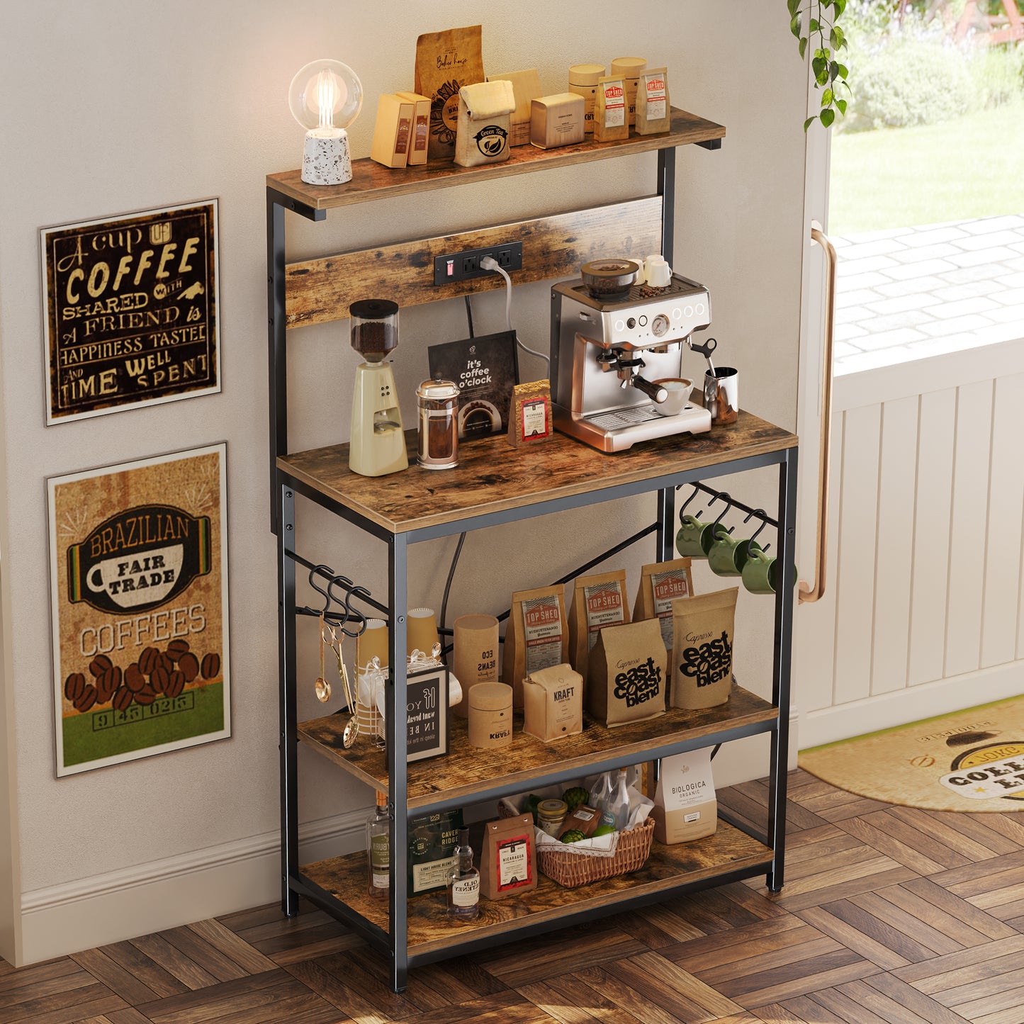 SUPERJARE Bakers Rack with Power Outlets, Microwave Stand, 31.5 X 16.5 Inch Larger Desktop, Kitchen Storage Rack with Adjustable Middle Shelf, 6 S-Shaped Hooks, Coffee Bar Stand, Rustic Brown
