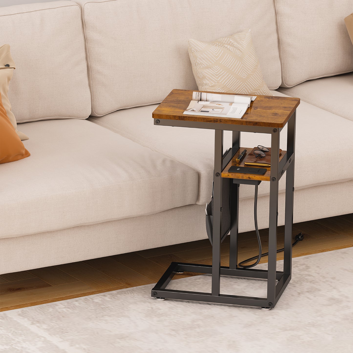 SUPERJARE C Shaped End Table with Charging Station, Side Table with Storage Bag, Couch Table, C Table with USB Port and Outlet, for Living Room, Bed Room, Rustic Brown