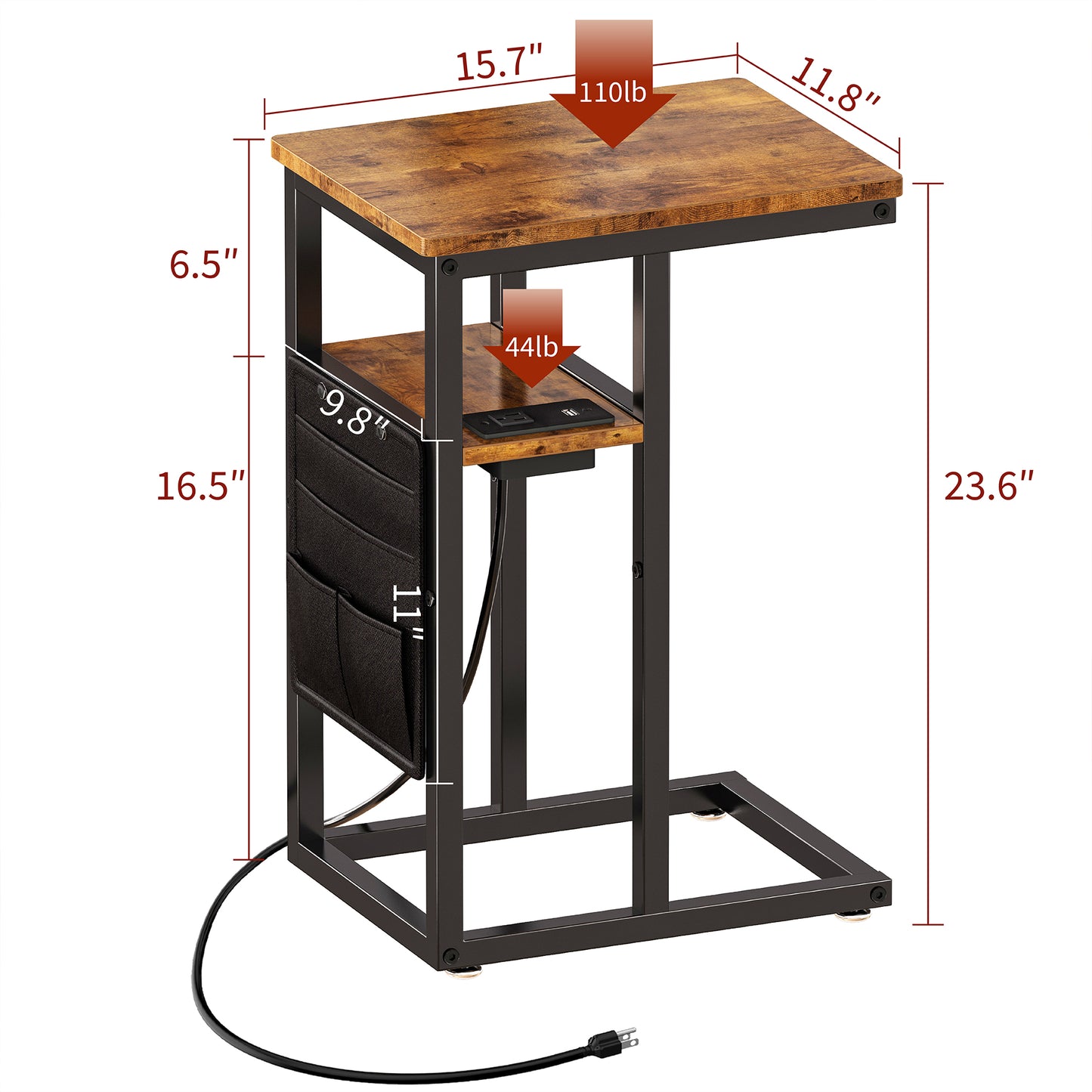 SUPERJARE C Shaped End Table with Charging Station, Side Table with Storage Bag, Couch Table, C Table with USB Port and Outlet, for Living Room, Bed Room, Rustic Brown