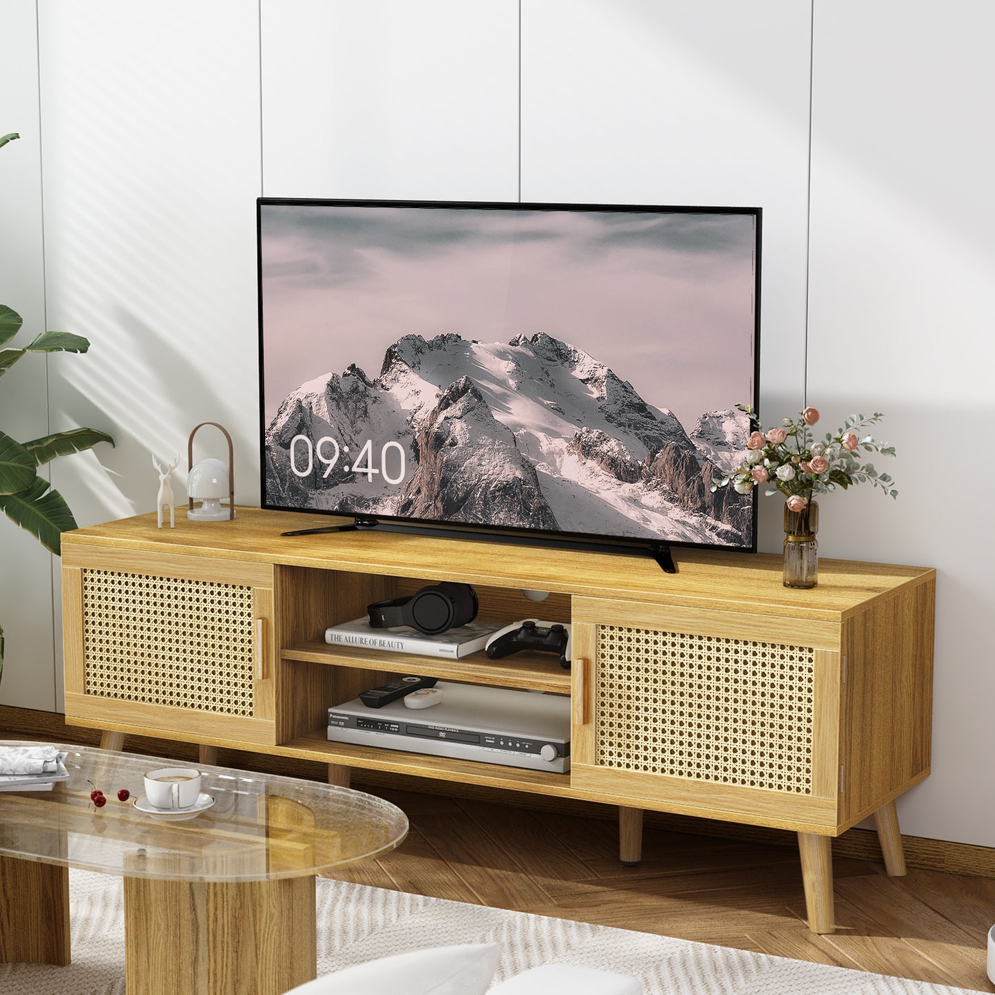 SUPERJARE Boho TV Stand for 55 Inch TV, Entertainment Center with Adjustable Shelf, Rattan TV Console with 2 Cabinets, Solid Wood Feet, 4 Cord Holes - Natural