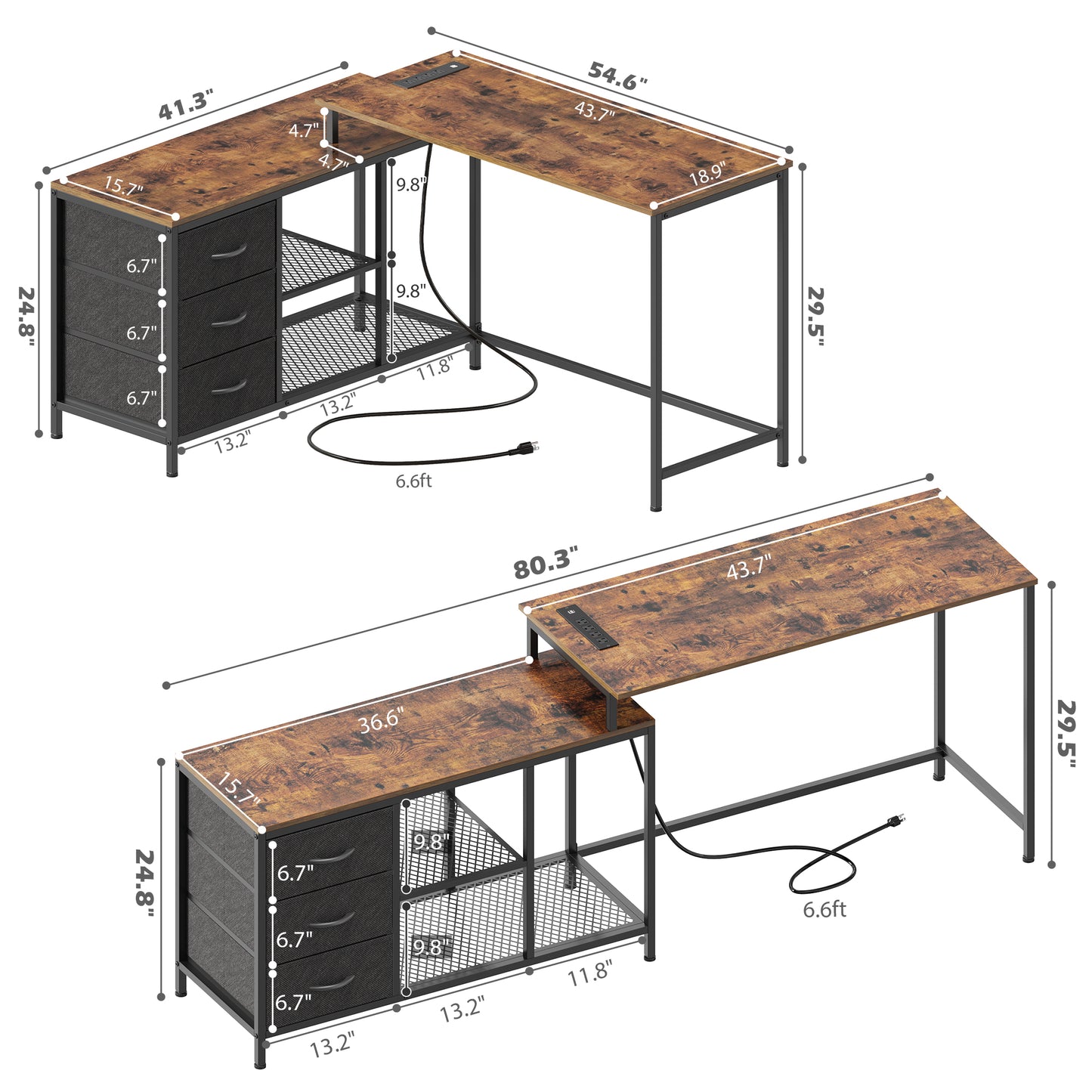 SUPERJARE L Shaped Desk with Power Outlets, Drawers & Shelves, Rustic Brown, 7944ZC
