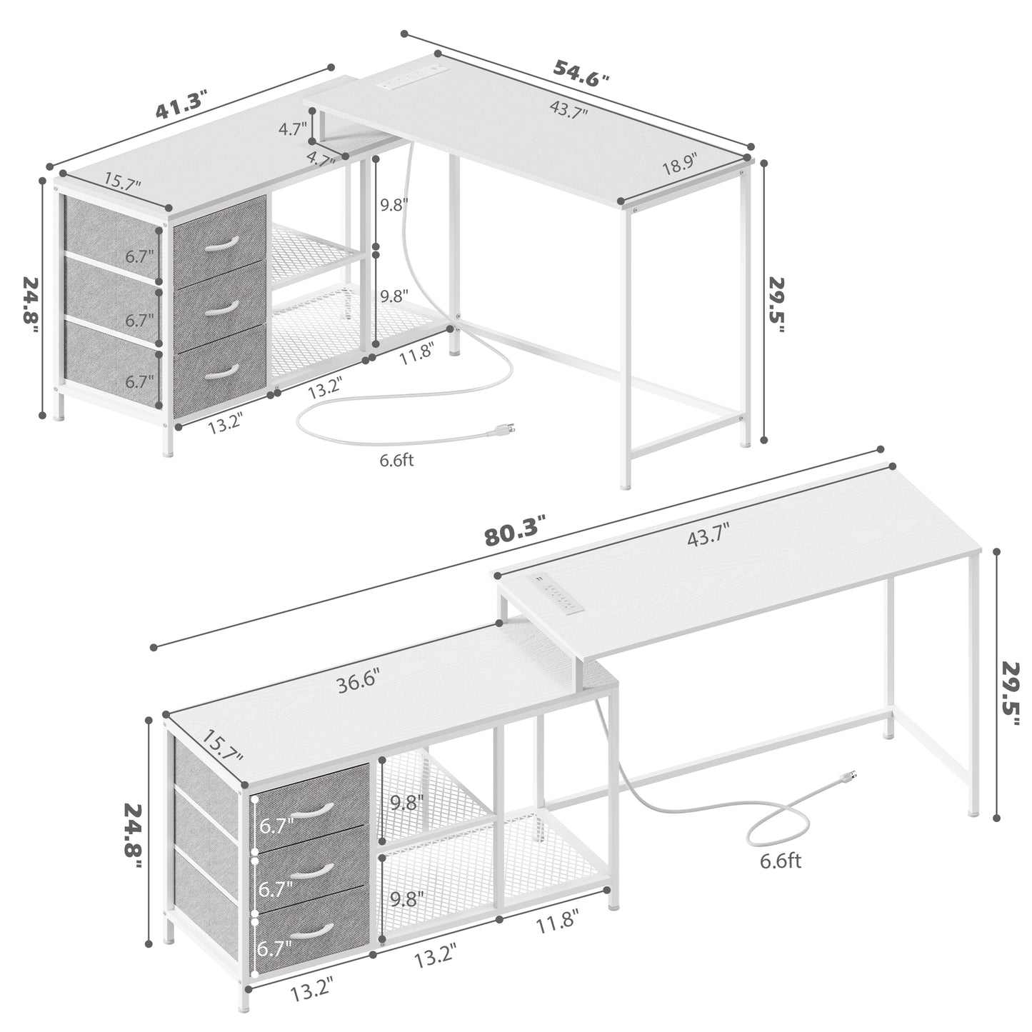 SUPERJARE L Shaped Desk with Power Outlets, Drawers & Shelves, White, 7944WC