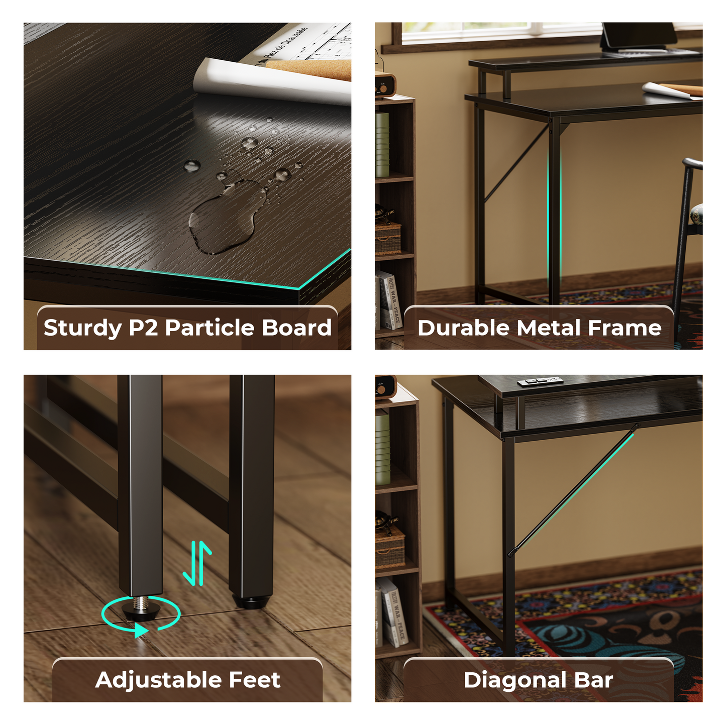 SUPERJARE 55 inch Computer Desk with LED Lights & Power Outlets, Gaming Desk with Monitor Shelf, Small Office Desk for Home & Office, Black