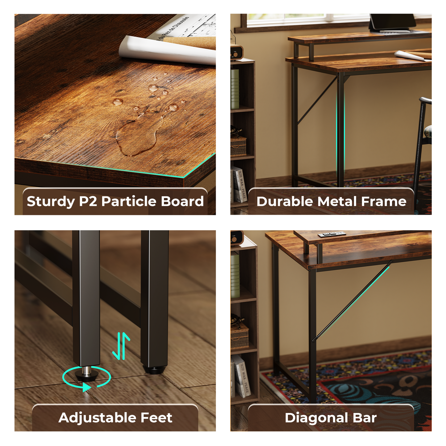 SUPERJARE 55 inch Computer Desk with LED Lights & Power Outlets, Gaming Desk with Monitor Shelf, Small Office Desk for Home & Office, Rustic Brown