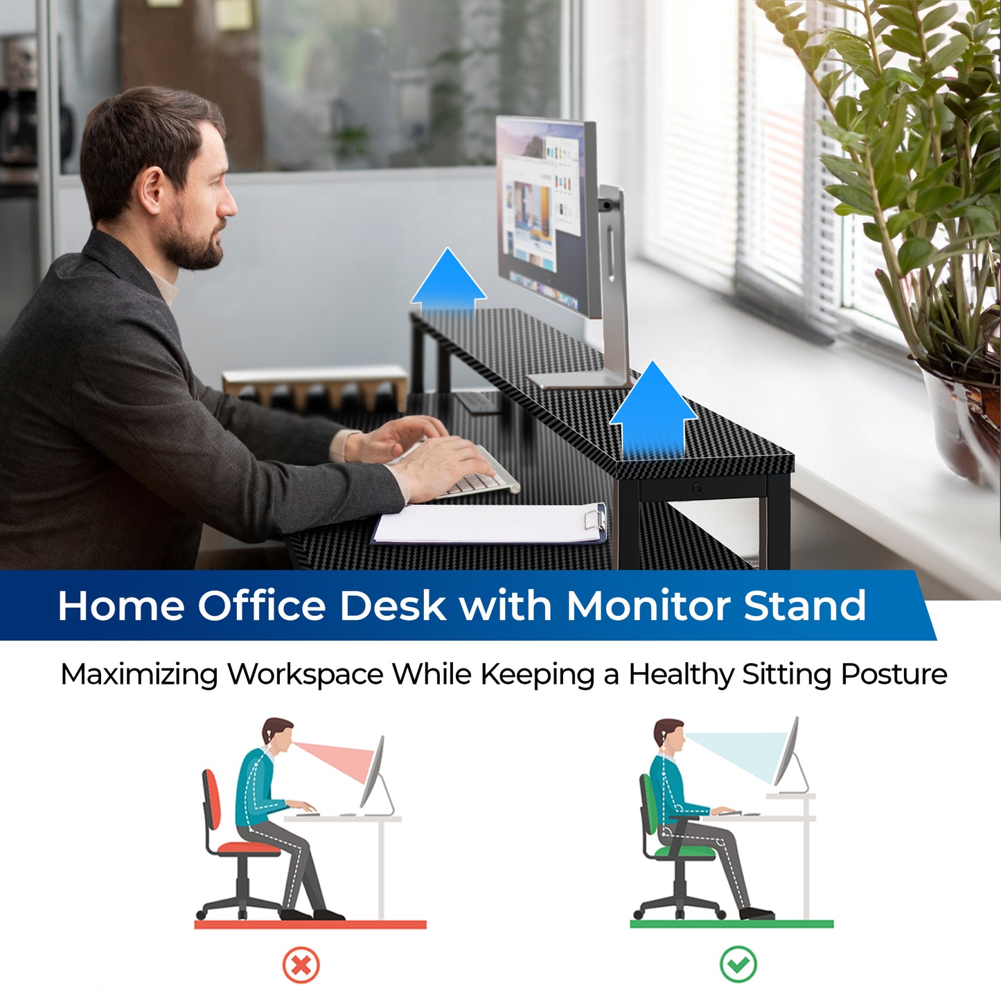 SUPERJARE 53 Inch L Shaped Desk with LED Lights & Power Outlets, Reversible Computer Desk with Shelves & Drawer, Corner Desk Home Office Desk, Carbon Fiber Black