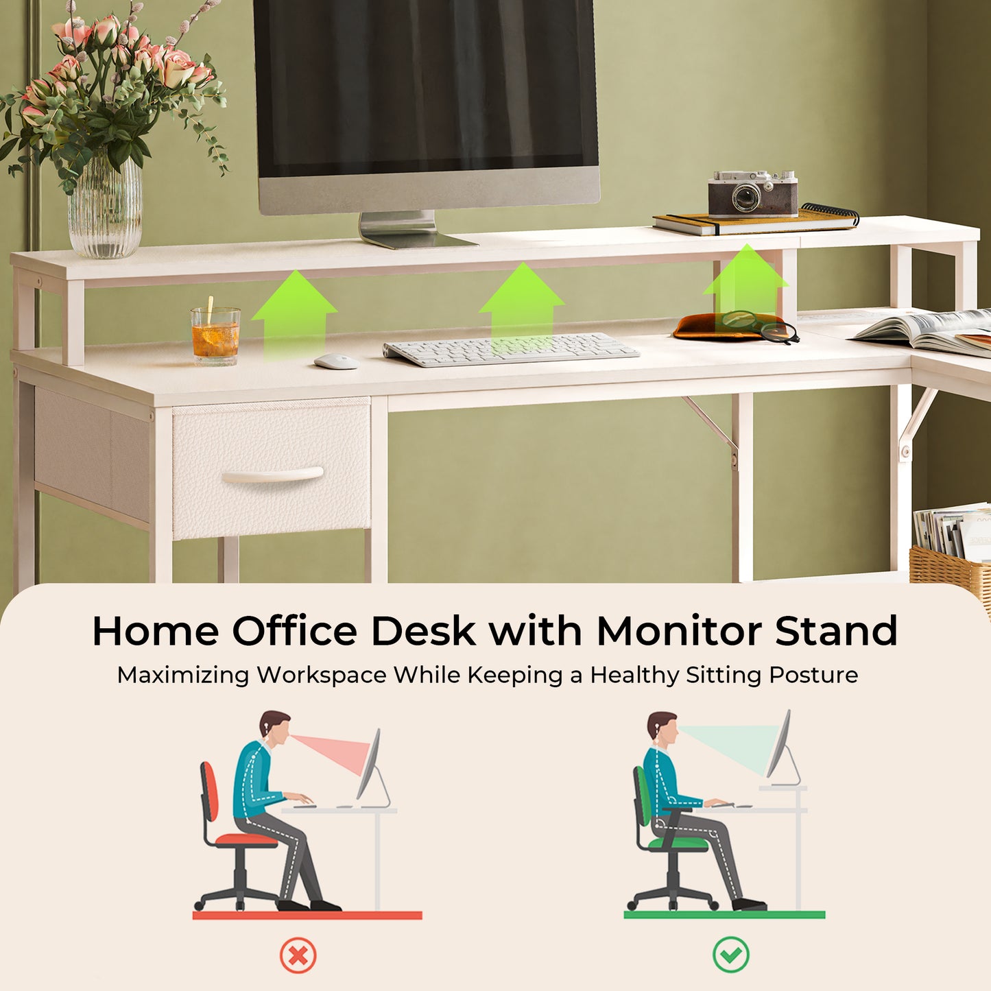SUPERJARE L Shaped Gaming Desk with LED Lights & Power Outlets, Reversible Computer Desk with Shelves & Drawer, Corner Desk Home Office Desk, All White