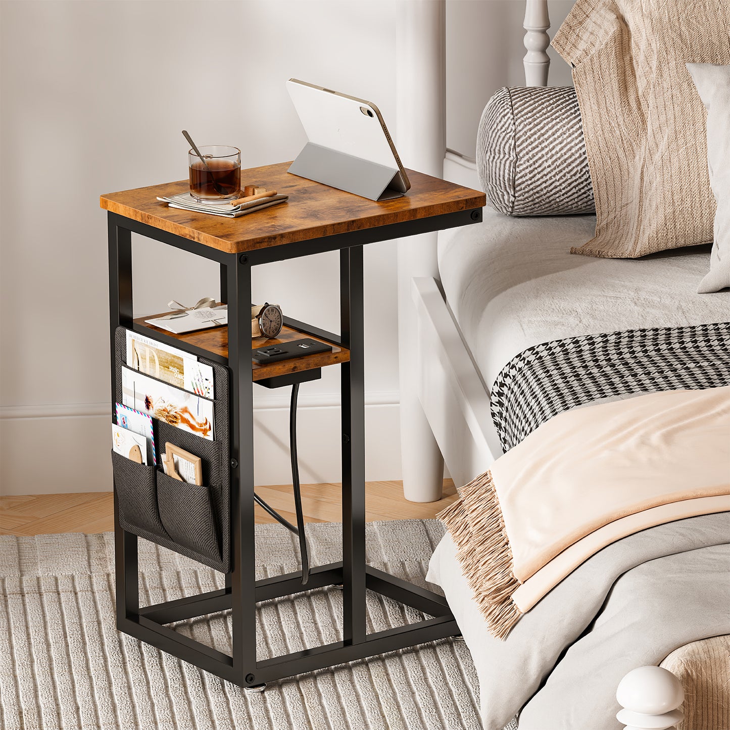 SUPERJARE C Shaped End Table with Charging Station, Side Table with Storage Bag, Couch Table, C Table with USB Port and Outlet, for Living Room, Bed Room, Rustic Brown