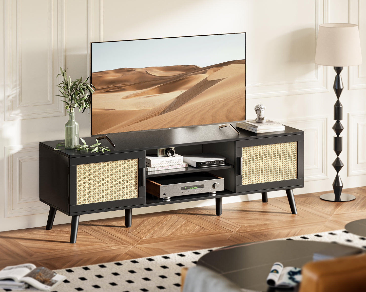 SUPERJARE 55 Inch TV Stand, Entertainment Center with Adjustable Shelf, Rattan TV Console with 2 Cabinets, Media Console, Solid Wood Feet, 4 Cord Holes, for Living Room, Black